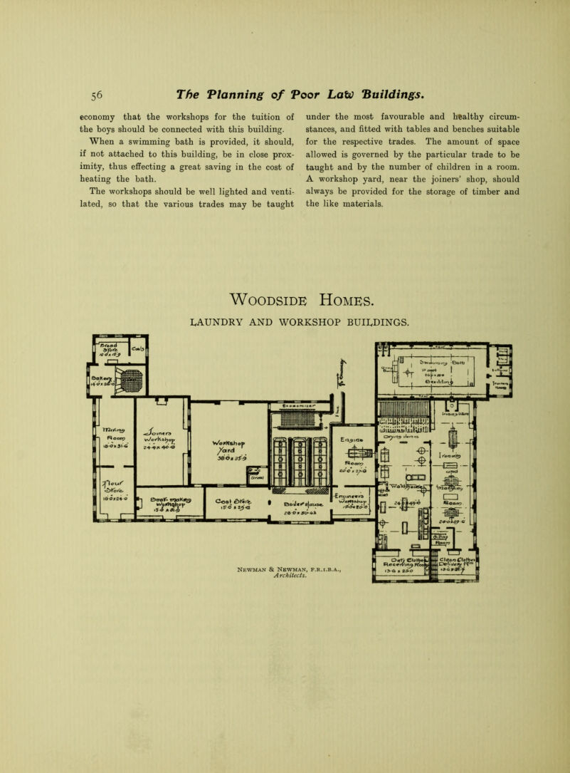economy that the workshops for the tuition of the boys should be connected with this building. When a swimming bath is provided, it should, if not attached to this building, be in close prox- imity, thus effecting a great saving in the cost of heating the bath. The workshops should be well lighted and venti- lated, so that the various trades may be taught under the most favourable and healthy circum- stances, and fitted with tables and benches suitable for the respective trades. The amount of space allowed is governed by the particular trade to be taught and by the number of children in a room. A workshop yard, near the joiners’ shop, should always be provided for the storage of timber and the like materials. Woodside Homes. LAUNDRY AND WORKSHOP BUILDINGS. Newman & Nbwman, f.r.i.b.a., Architects.