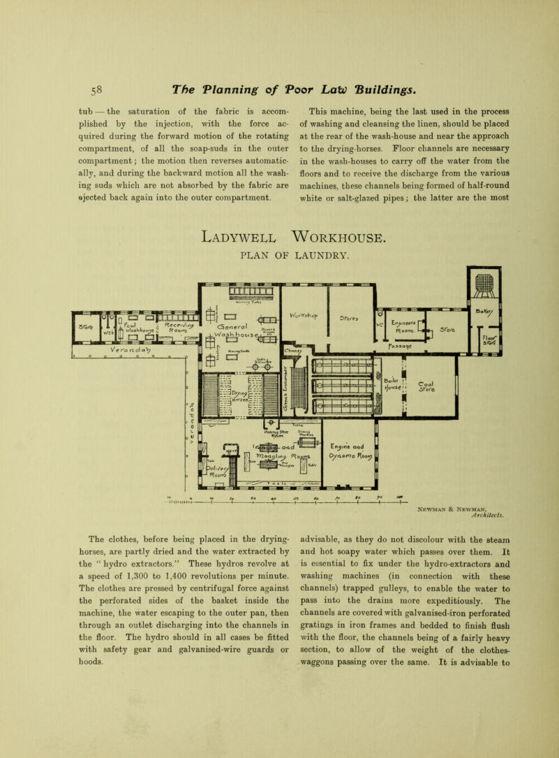 tub — the saturation of the fabric is accom- plished by the injection, with the force ac- quired during the forward motion of the rotating compartment, of all the soap-suds in the outer compartment; the motion then reverses automatic- ally, and during the backward motion all the wash- ing suds which are not absorbed by the fabric are ejected back again into the outer compartment. This machine, being the last used in the process of washing and cleansing the linen, should be placed at the rear of the wash-house and near the approach to the drying-horses. Floor channels are necessary in the wash-houses to carry off the water from the floors and to receive the discharge from the various machines, these channels being formed of half-round white or salt-glazed pipes; the latter are the most Ladywerl Workhouse. PLAN OF LAUNDRY. The clothes, before being placed in the drying- horses, are partly dried and the water extracted by the “ hydro extractors.” These hydros revolve at a speed of 1,300 to 1,400 revolutions per minute. The clothes are pressed by centrifugal force against the perforated sides of the basket inside the machine, the water escaping to the outer pan, then through an outlet discharging into the channels in the floor. The hydro should in all cases be fitted with safety gear and galvanised-wire guards or hoods. advisable, as they do not discolour with the steam and hot soapy water which passes over them. It is essential to fix under the hydro-extractors and washing machines (in connection with these channels) trapped gulleys, to enable the water to pass into the drains more expeditiously. The channels are covered with galvanised-iron perforated gratings in iron frames and bedded to finish flush with the floor, the channels being of a fairly heavy section, to allow of the weight of the clothes- waggons passing over the same. It is advisable to