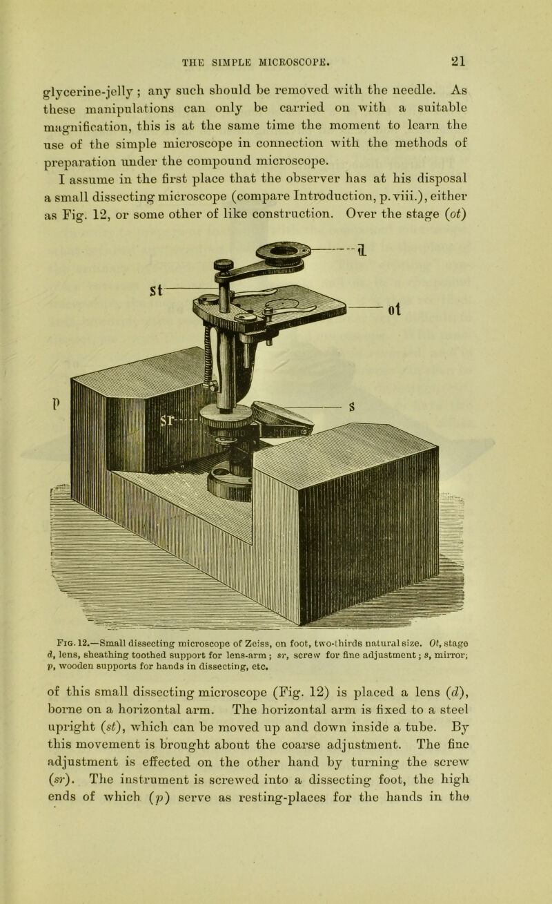 glycerine-jelly ; any such should be removed with the needle. As these manipulations can only be carried on with a suitable maomification, this is at the same time the moment to learn the use of the simple microscope in connection with the methods of preparation under the compound microscope. I assume in the first place that the observer has at his disposal a small dissecting microscope (compare Introduction, p. viii.), either as Fig. 12, or some other of like construction. Over the stage (ot) Fig. 12.—Small dissecting microscope of Zeiss, on foot, two-thirds natural size. Of, stage d, lens, sheathing toothed support for lens-arm; sr, screw for fine adjustment; s, mirror; p, wooden supports for hands in dissecting, etc. of this small dissecting microscojDe (Fig. 12) is placed a lens (d), borne on a horizontal arm. The horizontal arm is fixed to a steel upright (st), which can be moved u|3 and down inside a tube. By this movement is brought about the coarse adjustment. The fine adjustment is effected on the other hand by turning the screw (sr). The instrument is screwed into a dissecting foot, the high ends of which (p) serve as resting-places for the hands in the