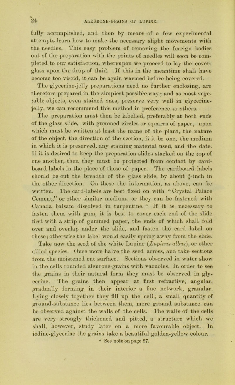 % •24 ALEORONE-GBAINS OF LUPINE. fully accomplished, and then by means of a few experimental attempts learn how to make the necessary sligdit movements with the needles. This easy problem of removing' the foreig’n bodies out of the preparation with the points of needles will soon be com- pleted to our satisfaction, whereupon we proceed to lay the cover- g'lass upon the drop of fluid. If this in the meantime shall have become too viscid, it can be again warmed before being covered. The glycerine-jelly preparations need no further enclosing, are therefore prepared in the simplest possible way; and as most vege- table objects, even stained ones, preserve very well in glycerine- jelly, we can recommend this method in preference to others. The preparation must then be labelled, preferably at both ends of the glass slide, with gummed circles or squares of paper, upon which must be written at least the name of the plant, the nature of the object, the direction of the section, if it be one, the medium in which it is preserved, any staining material used, and the date. If it is desired to keep the preparation slides stacked on the top of one another, then they must be protected from contact by card- board labels in the place of those of paper. The cardboard labels should be cut the breadth of the glass slide, by about -|-inch in the other direction. On these the information, as above, can be written. The card-labels are best fixed on with “ Crystal Palace Cement,” or other similar medium, or they can be fastened with. Canada balsam dissolved in turpentine.  If it is necessary to fasten them with gum, it is best to cover each end of the slide first with a strip of gummed paper, the ends of which shall fold over and overlap under the slide, and fasten the card label on these; otherwise the label would easily spring a'way from the slide. Take now the seed of the white Lupine (Ltqnnus albus), or other allied species. Once more halve the seed across, and take sections from the moistened cut surface. Sections observed in water show- in the cells rounded aleurone-grains with vacuoles. In order to see the grains in their natural form they must be observed in gly- cerine. The grains then appear at first refractive, angular, gradually forming in their interior a fine netwmrk, granular. Lying closely together they fill up the cell; a small quantity of ground-substance lies between them, more ground substance can be observed against the walls of the cells. The -walls of the cells are very strongly thickened and pitted, a structure which w'e shall, however, study later on a more favourable object. In iodine-glycerine the grains take a beautiful golden-yellow colour.  See note on page 27.