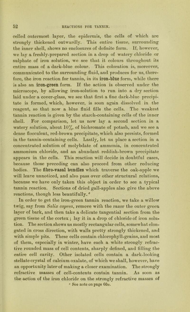 celled outermost layer, tlie epidermis, the cells of which are strongly thickened outwardly. This entire tissue, surrounding the inner shell, shows no enclosures of definite form. If, however, we lay a freshly-prepared section in a drop of watery chloride or sulphate of iron solution, we see that it colours throughout its entire mass of a dark-blue colour. This coloration is, moreover, communicated to the surrounding fluid, and produces for us, there- fore, the iron reaction for tannin, in its iron-blue form, while there is also an iron-green form. If the action is observed under the microscope, by allowing iron-solution to run into a dry section laid under a cover-glass, we see that first a fine dark-blue precipi- tate is formed, which, however, is soon again dissolved in the reagent, so that now a blue fluid fills the cells. The weakest tannin reaction is given by the starch-containing cells of the inner shell. For comparison, let us now lay a second section in a watery solution, about 10%, of bichromate of potash, and Ave see a dense flocculent, red-brown precipitate, which also persists, formed in the tannin-containing cells. Lastly, let us place a section in a concentrated solution of molybdate of ammonia, in concentrated ammonium chloride, and an abundant reddish-brown precipitate appears in the cells. This reaction will decide in doubtful cases, because those preceding can also proceed from other reducing bodies. The fibro-vasal bimdles which traverse the oak-apple we will leave unnoticed, and also pass over other structural relations, because we have only taken this object in order to see a typical tannin reaction. Sections of dried gall-apples also give the above reactions, though less beautifully. ® In order to get the iron-green tannin reaction, we take a willow twig, say from Salix caprea, remove with the razor the outer green layer of bark, and then take a delicate tangential section from the green tissue of the cortex ; lay it in a drop of chloride of iron solu- tion. The section shows us mostlv rectano-ular cells, somewhat elon- t/ O ' gated in cross direction, with walls pretty strongly thickened, and with simple pits. These cells contain chlorophyll-grains, and most of them, especially in winter, have each a white strongly refrac- tive rounded mass of cell contents, sharply defined, and filling the entire cell cavity. Other isolated cells contain a dark-looking stellate crystal of calcium oxalate, of Avhich we shall, howevei-, have an opportunity later of making a closer examination. The strongly refractive masses of cell-contents contain tannin. As soon as the action of the iron chloride on the strongly refractive masses of « See note on page 60a.