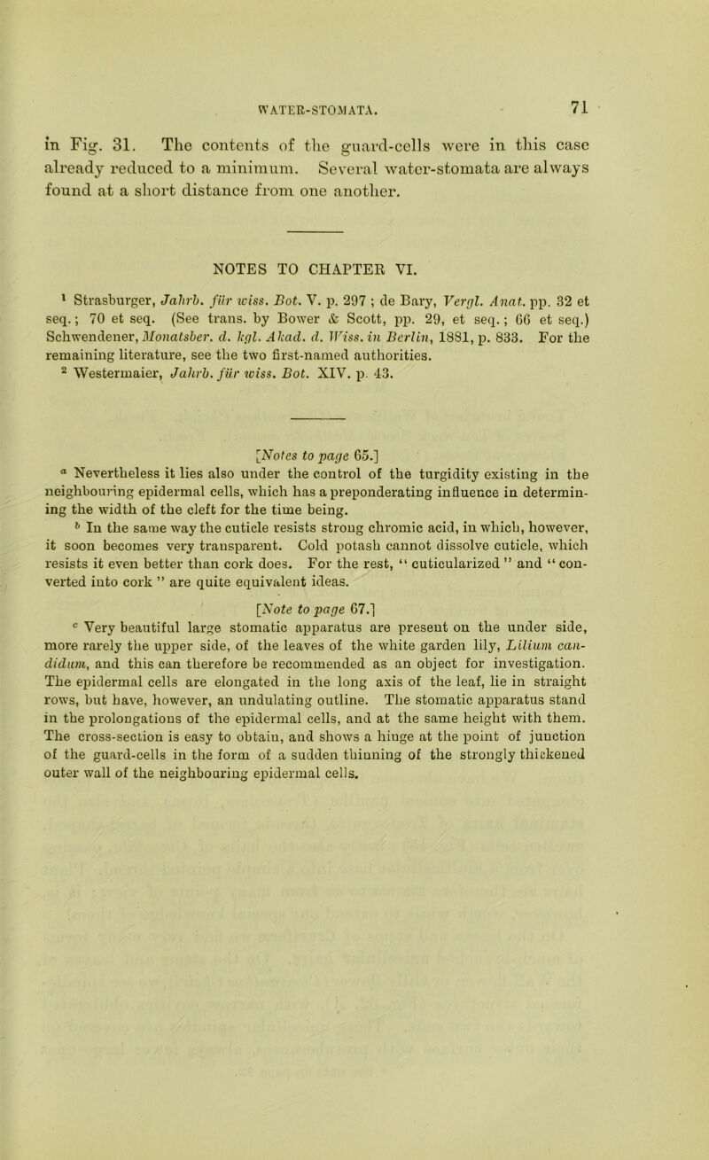 in Fig. 31. The contents of the guard-cells were in this case already reduced to a niinimnin. Several water-stomata are always found at a short distance from one another. NOTES TO CHAPTER VI. ' Strasburger, Jahrh. fiir iciss. Bot. V. p. 297 ; cle Bary, Vergl. Anat. pp. 32 et seq.; 70 et seq. (See trans. by Bower & Scott, pp. 29, et seq.; 66 et seq.) Schwendener,il/onatster. d. kgl. Akad. d. IViss.in Berlin, 1881, p. 833. For the remaining literature, see the two first-named authorities. ^ Westermaier, Jahrh. fur wiss. Bot. XIV. p. 43. [Notes to page 65.] “ Nevertheless it lies also under the control of the turgidity existing in the neighbouring epidermal cells, which has a preponderating influence in determin- ing the width of the cleft for the time being. ^ In the same way the cuticle resists strong chromic acid, in which, however, it soon becomes very transparent. Cold potash cannot dissolve cuticle, which resists it even better than cork does. For the rest, “ cuticularized ” and “ con- verted into cork ” are quite equivalent ideas. [Note to page 67.] Very beautiful large stomatic apparatus are present on the under side, more rarely the upper side, of the leaves of the white garden lily, Lilium caii- didum, and this can therefore be recommended as an object for investigation. The ej)idermal cells are elongated in the long axis of the leaf, lie in straight rows, but have, liowever, an undulating outline. The stomatic apparatus stand in the prolongations of the epidermal cells, and at the same height with them. The cross-section is easy to obtain, and shows a hinge at the point of junction of the guard-cells in the form of a sudden thinning of the strongly thickened outer wall of the neighbouring epidermal cells.