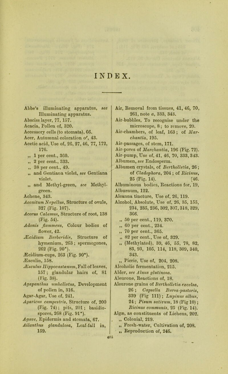 INDEX Abbe’s illuminating apparatus, see Illuminating apparatus. Absciss layer, 77, 157. Acacia, Pollen of, 320. Accessory cells (to stomata), G6. Acer, Autumnal coloration o^, 43. Acetic acid. Use of, 2G, 27,4G, 77, 172, 17G. ,, 1 per cent., 3G0. ,, 2 per cent., 333. ,, 38 per cent., 49. „ and Gentiana violet, see Gentiana violet. „ and Methyl-green, see Methyl- green. Achene, 343. Aconitum Napellus, Structure of ovule, 327 (Fig. 107). Acorus Calamus, Structure of root, 138 (Fig. 54). Adonis Jlammeiis, Colour bodies of flower, 42. ^cidium Berheridis, Structure of hymenium, 2G3; spermogones, 2G2 (Fig. 90*). ^Ecidium-cups, 263 (Fig. 90*). iEsculin, 158. uEsculus Ilippocastaivnn, Fall of leaves, 157; glandular hairs of, 81 (Fig. 38). Agapanthus umhellatus, Development of pollen in, 316. Agar-Agar, Use of, 241. Ayaricns campestris, Structure of, 200 (Fig. 74); pits, 201; basidio- spores, 2G8 (Fig. 91*). Agave, Epidermis and stomata, 67. Ailanthus glandulosa, Leaf-fall in, 159. Air, Kemoval from tissues, 41, 46, 70, 261, note a, 333, 343. Air-bubbles, To recognise under the microscope, 8; to remove, 20. Air-chambers, of leaf, 163 ; of il/nr- chantia, 195. Air-passages, of stem, 171. Air-pores of Marchantia, 196 (Fig. 72). Air-pump, Use of, 41, 46, 70, 333, 343. Albumen, see Endosperm. Albumen crystals, of Bertholletia, 26 ; of Cladophora, 204 ; of Ricimis, 25 (Fig. 14). [46. Albuminous bodies, Eeactions for, 19, Alburnum, 122. Alcanna tincture. Use of, 26, 119. Alcohol, Absolute, Use of, 26, 35, 155, 234, 235, 236, 302, 307,318, 329, 366. ,, 50 per cent., 119, 370. ,, 60 per cent., 234. ,, 70 per cent., 365. „ 82 per cent., Use of, 329. „ (Methylated), 39, 46, 55, 78, 82, 83, 93, 105, 114, 118, 309, 340, 343. ,, Picric, Use of, 204, 208. Alcoholic fermentation, 215. Alder, see A Inus glutinosa. Aleurone, Eeactions of, 18. Aleurone grains of Bertholletia excelsa, 26 ; Capsella Bursa-pastor is, 339 (Fig 111); Lupinus albus, 24 ; Pisum sativum, 18 (Fig 10); Bicinus conwuinis, 25 (Fig. 14). Algae, as constituents of Lichens, 202. ,, Colonial, 219. „ Fresh-water, Cultivation of, 208. ' „ Eeproduction of, 246. 40.i