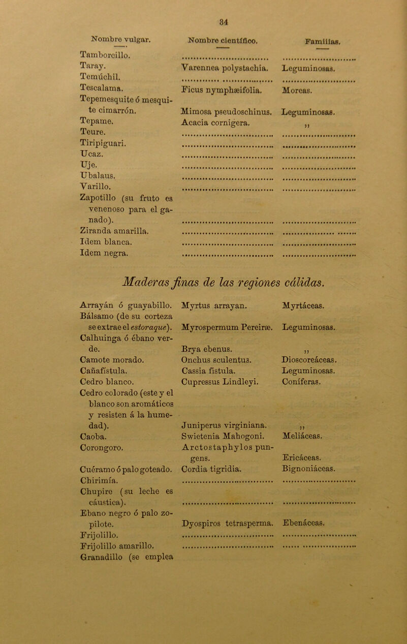 Familias. Leguminosas. Morcas. Leguminosas. »> Tiripiguari. Ucaz. me. ZÜZZ”! Ubalaus. Varillo. Zapotillo (su fruto es venenoso para el ga- nado). Ziranda amarilla. Idem blanca. Idem negra. Nombre vulgar. Tamborcillo. Taray. Temtíchil. Tescalama. Tepemesquite ó mesqui- te cimarrón. Tepame. Nombre científico. Varennea polystachia. V' Ficus nymphseifolia. Mimosa pseudoscbinus. Acacia cornigera. Maderas finas de las regiones cálidas. Arrayán ó guayabillo. Bálsamo (de su corteza se extrae el estoraque). Calhuinga ó ébano ver- de. Camote morado. Cañafístula. Cedro blanco. Cedro colorado (este y el blanco son aromáticos y resisten á la hume- dad). Caoba. Corongoro. Cuéramo ó palo goteado. Chirimía. Chupire (su leche es cáustica). Ebano negro ó palo zo- pilote. Frijolillo. Frijolillo amarillo. Granadillo (se emplea Myrtus arrayan. Myrtáceas. Myrospermum Pereirse. Leguminosas. Brya ebenus. Onchus sculentu3. Cassia fístula. Cupressus Lindleyi. 33 Dioscoreáceas. Leguminosas. Coniferas. Juniperus virginiana. ,, Swietenia Mahogoni. Meliáceas. Arctostaphylos pun- gens. Ericáceas. Cordia tigridia. Bignoniáceas. Dyospiros tetrasperma. Ebenáceas.