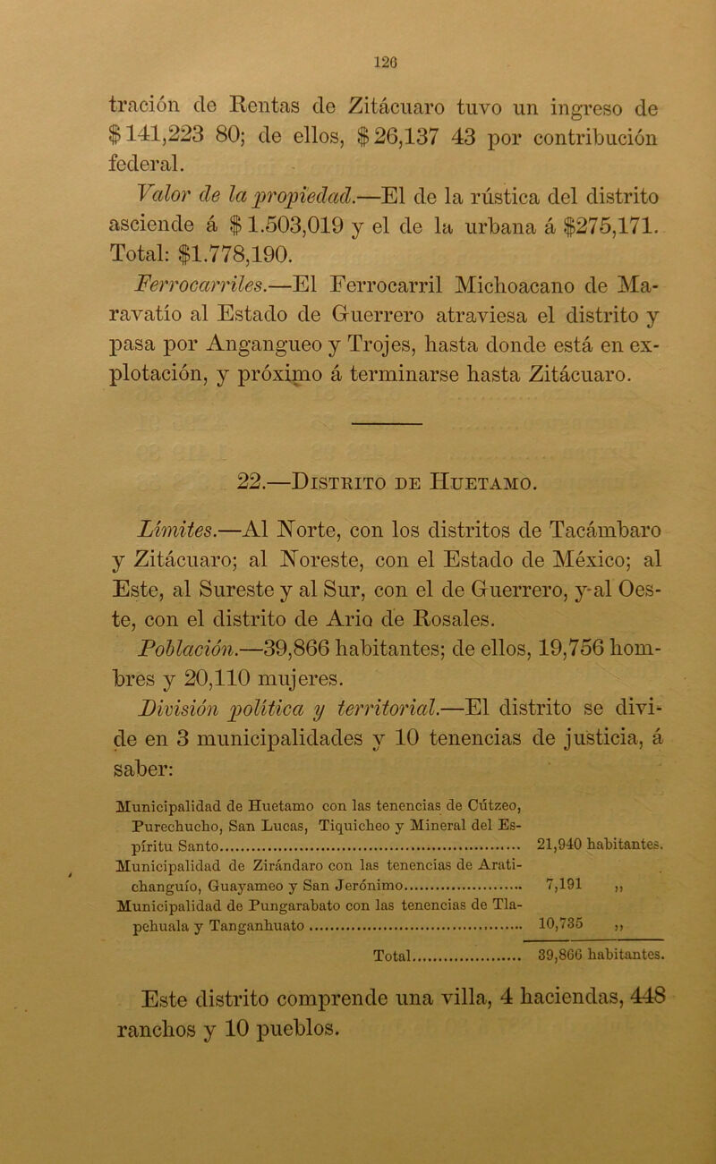 120 tración de Rentas de Zitácuaro tuvo un ingreso de $141,223 80; de ellos, $26,137 43 por contribución federal. Valor de la propiedad.—El de la rústica del distrito asciende á $1.503,019 y el de la urbana á $275,171. Total: $1.778,190. Ferrocarriles.—El Ferrocarril Miclioacano de Ma- ravatio al Estado de Guerrero atraviesa el distrito y pasa por Angangueo y Trojes, hasta donde está en ex- plotación, y próximo á terminarse hasta Zitácuaro. 22.—Distkito de Huetamo. Límites.—Al ISTorte, con los distritos de Tacámbaro y Zitácuaro; al Noreste, con el Estado de México; al Este, al Sureste y al Sur, con el de Guerrero, y-al Oes- te, con el distrito de Ario de Rosales. Población.—39,866 habitantes; de ellos, 19,756 hom- bres y 20,110 mujeres. División política y territorial.—El distrito se divi- de en 3 municipalidades y 10 tenencias de justicia, á saber: Municipalidad de Huetamo con las tenencias de Cútzeo, Purechucho, San Lucas, Tiquiclieo y Mineral del Es- píritu Santo 21,940 habitantes. Municipalidad de Zirándaro con las tenencias de Arati- changuío, Guayameo y San Jerónimo 7,191 ,, Municipalidad de Pungarabato con las tenencias de Tla- pehuala y Tanganbuato 10,735 ,, Total 39,860 habitantes. Este distrito comprende una villa, 4 haciendas, 448 ranchos y 10 pueblos.