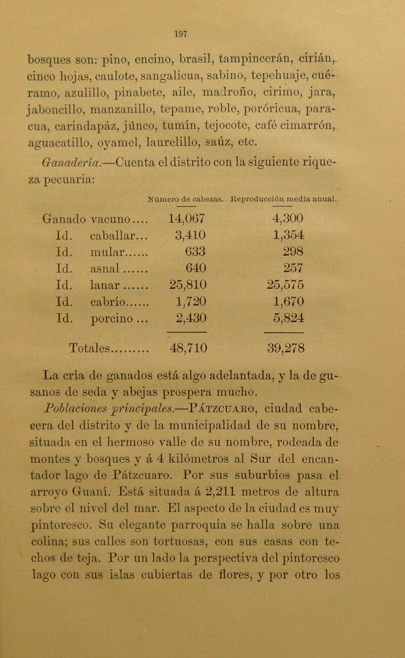 bosques son: pino, encino, brasil, tampincerán, cirián,. cinco hojas, caulote, sangalicua, sabino, tepehuaje, cué- ramo, azulillo, pinabete, aile, madroño, cirimo, jara, jaboncillo, manzanillo, tepame, roble, poróricua, para- dla, carinclapáz, júnco, tumín, tejocote, café cimarrón, aguacatillo, oyaniel, laurelillo, saúz, etc. Ganadería.—Cuenta el distrito con la siguiente rique- za pecuaria: Número de cabezas. Reproducción media anual. añado vacuno.. .. 14,067 4,300 Id. caballar. 3,410 1,354 Id. mular.... 633 298 Id. asnal.... 640 257 Id. lanar .... .. 25,810 25,575 Id. cabrío.... 1,720 1,670 Id. porcino . 2,430 5,824 Totales .. 48,710 39,278 La cría de ganados está algo adelantada, y la de gu- sanos de seda y abejas prospera mucho. Poblaciones principales.—Pátzcuaro, ciudad cabe- cera del distrito y de la municipalidad de su nombre, situada en el hermoso valle de su nombre, rodeada de montes y bosques y á 4 kilómetros al Sur del encan- tador lago de Pátzcuaro. Por sus suburbios pasa el arroyo Guaní. Está situada á 2,211 metros de altura sobre el nivel del mar. El aspecto de la ciudad es muy pintoresco. Su elegante parroquia se halla sobre una colina; sus calles son tortuosas, con sus casas con te- chos de teja. Por un lado la perspectiva del pintoresco lago con sus islas cubiertas de flores, y por otro los