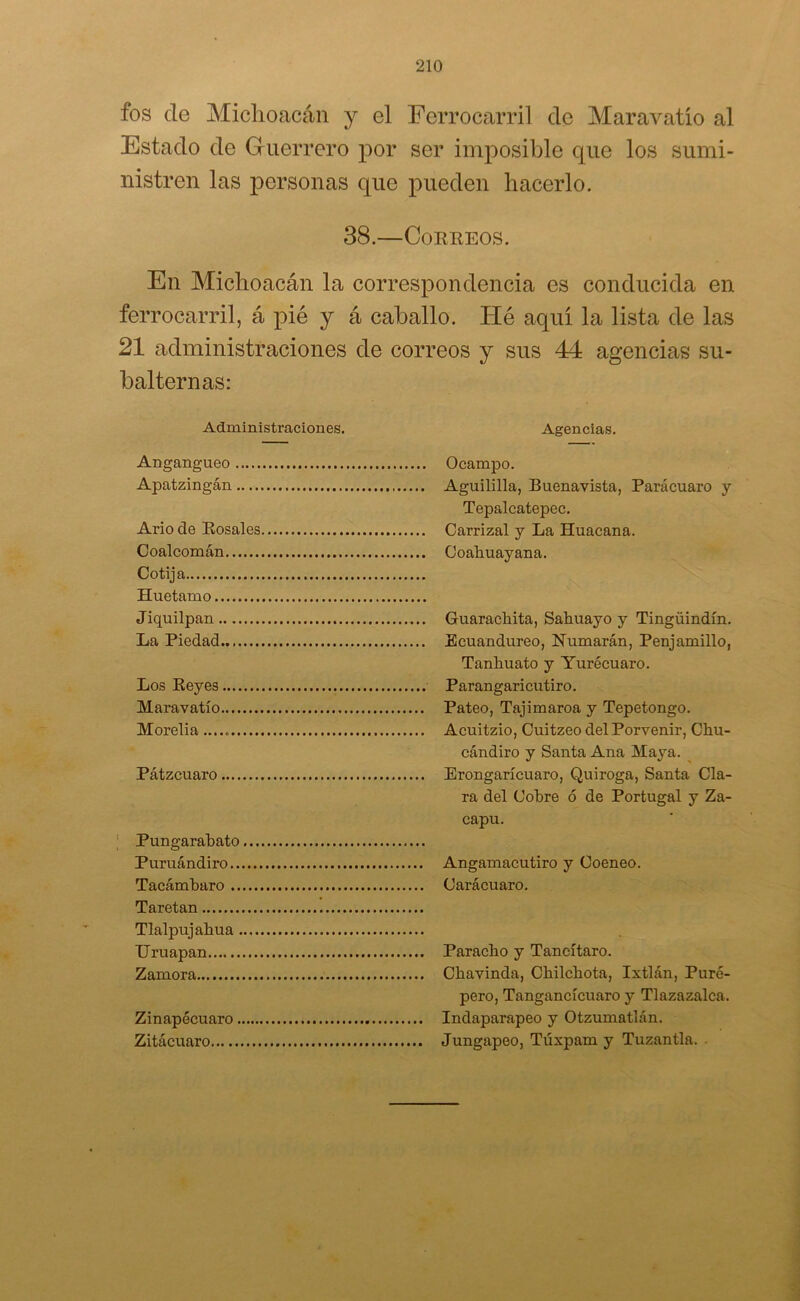 fos de Michoacán y el Ferrocarril de Maravatío al Estado de Guerrero por ser imposible que los sumi- nistren las personas que pueden hacerlo. 38.—Correos. En Michoacán la correspondencia es conducida en ferrocarril, á pié y á caballo. He aquí la lista de las 21 administraciones de correos y sus 44 agencias su- balternas: Administraciones. Agencias. Angangueo Ocampo. Apatzingán Aguililla, Buenavista, Parácuaro y Tepalcatepec. Ario de Rosales Carrizal y La Huacana. Coalcomán Coaliuayana. Cotija Huetamo Jiquilpan Guaracbita, Sahuayo y Tingüindín. La Piedad Ecuandureo, ISTumarán, Penjamillo, Tanhuato y Yurécuaro. Los Reyes Parangaricutiro. Maravatío Pateo, Tajimaroa y Tepetongo. Morelia Acuitzio, Cuitzeo del Porvenir, Chu- cándiro y Santa Ana Maya. Pátzcuaro Erongarícuaro, Quiroga, Santa Cla- ra del Cobre ó de Portugal y Za- capu. Pungarabato Puruándiro Tacámbaro Taretan Tlalpujahua Uruapan Zamora Zinapécuaro Zitácuaro pero, Tangancícuaro y Tlazazalca.
