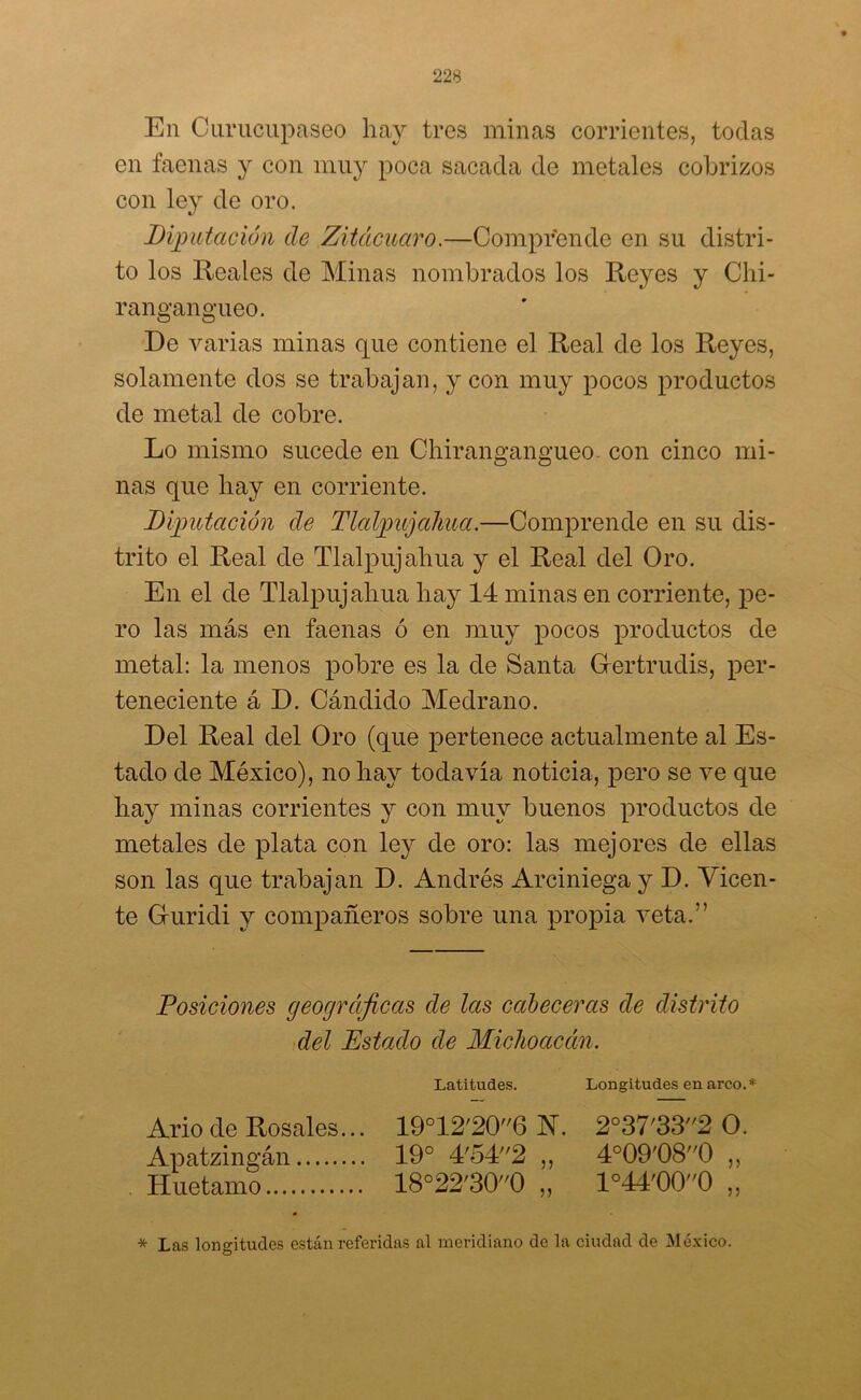 En Curucupaseo hay tres minas corrientes, todas en faenas y con muy poca sacada de metales cobrizos con ley de oro. Diputación de Zitácuaro.—Comprende en su distri- to los Reales de Minas nombrados los Reyes y Chi- r angangueo. De varias minas que contiene el Real de los Reyes, solamente dos se trabajan, y con muy pocos productos de metal de cobre. Lo mismo sucede en Chirangangueo, con cinco mi- nas que hay en corriente. Diputación de Tlalpujahua.—Comprende en su dis- trito el Real de Tlalpujahua y el Real del Oro. En el de Tlalpujahua hay 14 minas en corriente, pe- ro las más en faenas ó en muy pocos productos de metal: la menos pobre es la de Santa Gertrudis, per- teneciente á D. Cándido Medrano. Del Real del Oro (que pertenece actualmente al Es- tado de México), no hay todavía noticia, pero se ve que hay minas corrientes y con muy buenos productos de metales de plata con ley de oro: las mejores de ellas son las que trabajan D. Andrés Arciniegay D. Vicen- te Gruridi y compañeros sobre una propia veta.” Posiciones geográficas de las calecerás de distrito del Estado de Michoacán. Latitudes. Longitudes en arco. * Ario de Rosales... 19°12/206 N. 2037'332 O. Apatzingán 19° 4'542 ,, 4°09'08'/0 ,, Huetamo 18°22'300 „ 1°44'000 „ * Las longitudes están referidas al meridiano de la ciudad de México.