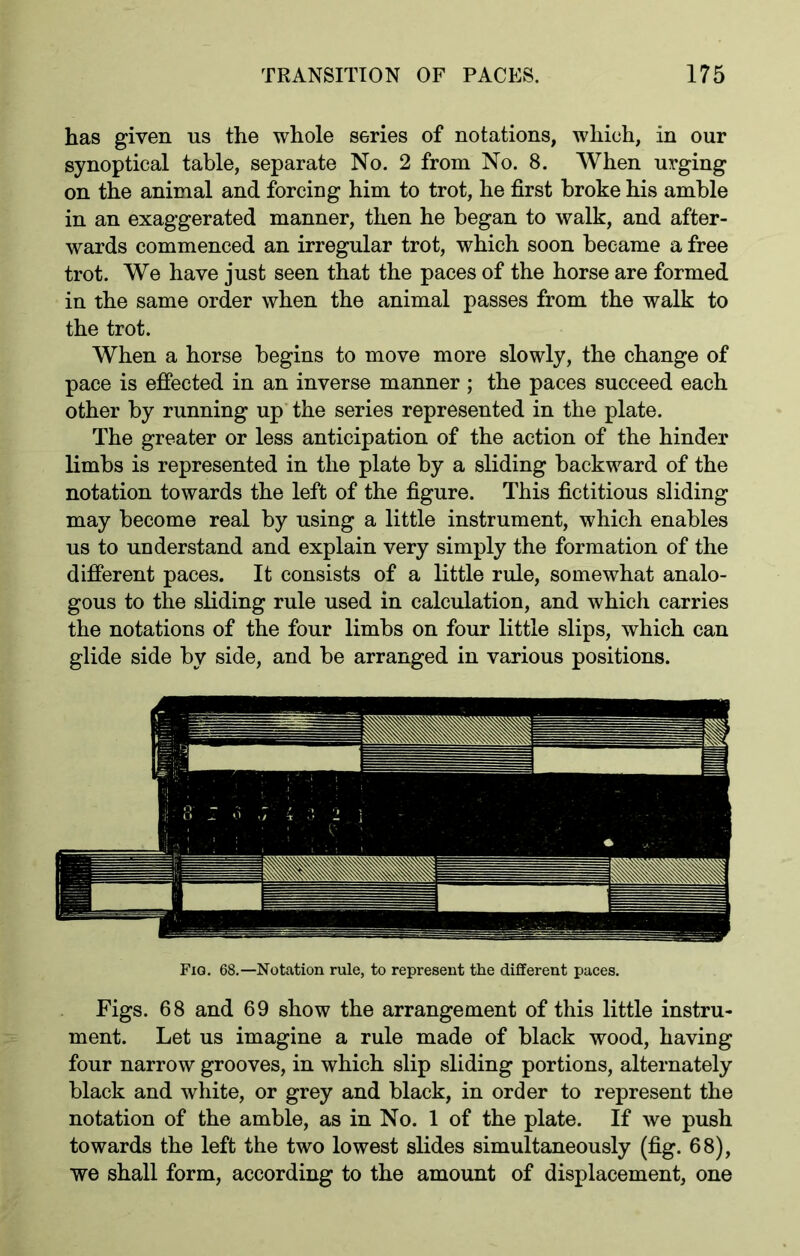 has given us the whole series of notations, which, in our synoptical table, separate No. 2 from No. 8. When urging on the animal and forcing him to trot, he first broke his amble in an exaggerated manner, then he began to walk, and after- wards commenced an irregular trot, which soon became a free trot. We have just seen that the paces of the horse are formed in the same order when the animal passes from the walk to the trot. When a horse begins to move more slowly, the change of pace is effected in an inverse manner ; the paces succeed each other by running up the series represented in the plate. The greater or less anticipation of the action of the hinder limbs is represented in the plate by a sliding backward of the notation towards the left of the figure. This fictitious sliding may become real by using a little instrument, which enables us to understand and explain very simply the formation of the different paces. It consists of a little rule, somewhat analo- gous to the sliding rule used in calculation, and which carries the notations of the four limbs on four little slips, which can glide side by side, and be arranged in various positions. Fig. 68.—Notation rule, to represent tlie different paces. Figs. 68 and 69 show the arrangement of this little instru- ment. Let us imagine a rule made of black wood, having four narrow grooves, in which slip sliding portions, alternately black and white, or grey and black, in order to represent the notation of the amble, as in No. 1 of the plate. If we push towards the left the two lowest slides simultaneously (fig. 68), we shall form, according to the amount of displacement, one