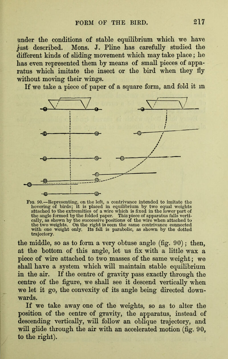 under the conditions of stable equilibrium which we have just described. Mons. J. Pline has carefully studied the different kinds of sliding movement which may take place; he has even represented them by means of small pieces of appa- ratus which imitate the insect or the bird when they fly without moving their wings. If we take a piece of paper of a square form, and fold it m i t ~© <D- Fig. 90.—Representing, on the left, a contrivance intended to imitate the hovering of birds; it is placed in equilibrium by two equal weights attached to the extremities of a wire which is fixed in the lower part of the angle formed by the folded paper. This piece of apparatus falls verti- cally, as shown by the successive positions of the wire when attached to the two weights. On the right is seen the same contrivance connected with one weight only. Its fall is parabolic, as shown by the dotted trajectory. the middle, so as to form a very obtuse angle (fig. 90); then, at the bottom of this angle, let us fix with a little wax a piece of wire attached to two masses of the same weight; we shall have a system which will maintain stable equilibrium in the air. If the centre of gravity pass exactly through the centre of the figure, we shall see it descend vertically when we let it go, the convexity of its angle being directed down- wards. If we take away one of the weights, so as to alter the position of the centre of gravity, the apparatus, instead of descending vertically, will follow an oblique trajectory, and will glide through the air with an accelerated motion (fig. 90, to the right).