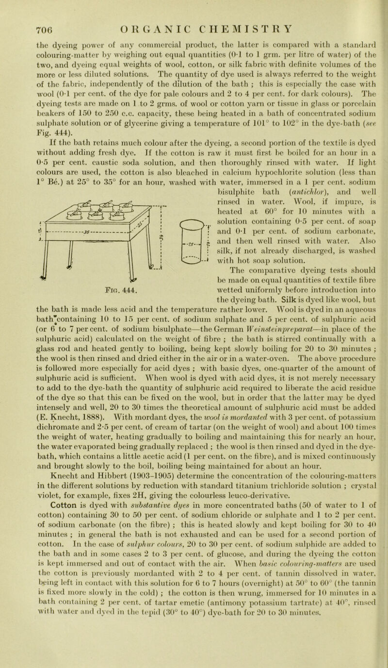 G> --7.S- -.1 thè dyeing power of any commercial product, thè latter is comparecl with a standard colouring-matter by weighing out equal quantities (0-1 to 1 grm. per litre of water) of thè two, and dyeing equal weights of wool, cotton, or siile fabric with definite volumes of thè more or less diluted Solutions. The quantity of dye used is alwavs referred to thè weight of thè fabric, independently of thè dìlution of thè bath ; this is especially thè case with wool (0-1 per cent, of thè dye for pale colours and 2 to 4 per cent, for dark colours). The dyeing tests are made on 1 to 2 grms. of wool or cotton yarn or tissue in glass or porcelain beakers of 150 to 250 c.c. capacity, these being heated in a batti of concentrated sodium sulphate solution or of glycerine giving a temperature of 101° to 102° in thè dye-bath (see Fig. 444). If thè bath retains much colour after thè dyeing, a second portion of thè textilc is dyed without adding fresh dye. Tf thè cotton is raw it must first he boiled for an hour in a 0-5 per cent, caustic soda solution, and then thoroughly rinsed with water. If light colours are used, thè cotton is also bleached in calcium hypochlorite solution (less than 1° Bé.) at 25° to 35° for an hour, washed with water, immersed in a 1 per cent, sodium bisulphite bath (antichlor), and well rinsed in water. Wool, if impure, is heated at 60° for 10 minutes with a solution containing 0-5 per cent, of soap and 0-1 per cent, of sodium carbonate, and then well rinsed with water. Also silk, if not already discharged, is washed with hot soap solution. The comparative dyeing tests should be made on equal quantities of textile fibre wetted uniformly before introduction into thè dyeing bath. Silk is dyed like wool, but thè bath is made less acid and thè temperature rather lower. Wool is dyed in an aqueous bathYontaining 10 to 15 per cent, of sodium sulphate and 5 per cent, of sulphuric acid (or 6 to 7 per cent, of sodium bisulphate—thè German Weinsteinpreparat—in place of thè sulphuric acid) calculated on thè weight of fibre ; thè bath is stirred continually with a glass rod and heated gently to boiling, being kept slowly boiling for 20 to 30 minutes ; thè wool is then rinsed and dried either in thè air or in a water-oven. The above procedure is followed more especially for acid dyes ; with basic dyes, one-quarter of thè amount of sulphuric acid is sufficient. When wool is dyed with acid dyes, it is not merely necessary to add to thè dye-bath thè quantity of sulphuric acid required to liberate thè acid residue of thè dye so that this can be fixed on thè wool, but in order that thè latter may be dyed intensely and well, 20 to 30 times thè theoretical amount of sulphuric acid must be added (E. Knecht, 1888). With mordant dyes, thè wool is mordanted with 3 per cent, of potassium dichromate and 2-5 per cent, of cream of tartar (on thè weight of wool) and about 100 times thè weight of water, heating gradually to boiling and maintaining this for nearly an hour, thè water evaporated being gradually replaced ; thè wool is then rinsed and dyed in thè dye- bath, whicli contains a little acetic acid(l per cent, on thè fibre), and is mixed continuously and brought slowly to thè boil, boiling being maintained for about an hour. Knecht and Hibbert (1903-1905) determine thè conccntration of thè colouring-matters in thè different Solutions by reduction with standard titanium trichloride solution ; crystal violet, for example, fìxes 2H, giving thè colourless leuco-derivative. Cotton is dyed with substantive dyes in more concentrated baths (50 of water to 1 of cotton) containing 30 to 50 per cent, of sodium chloride or sulphate and 1 to 2 per cent, of sodium carbonate (on thè fibre) ; this is heated slowly and kept boiling for 30 to 40 minutes ; in generai thè bath is not exhausted and can be used for a second portion of cotton. In thè case of sulphur colours, 20 to 30 per cent, of sodium sulphide are added to thè bath and in some cases 2 to 3 per cent, of giocose, and during thè dyeing thè cotton is kept immersed and out of contact with thè air. When basic colouring-matters are used thè cotton is previously mordanted with 2 to 4 per cent, of tannili dissolved in water, being left in contact with this solution for 6 to 7 liours (overnight) at 50° to 60° (thè tannin is fixed more slowly in thè eold) ; thè cotton is then wrung, immersed for 10 minutes in a bath containing 2 per cent, of tartar emetie (antimony potassium tartrate) at -40°, rinsed wit h water and dyed in thè tepid (30° to 40°) dye-bath for 20 to 30 minutes.