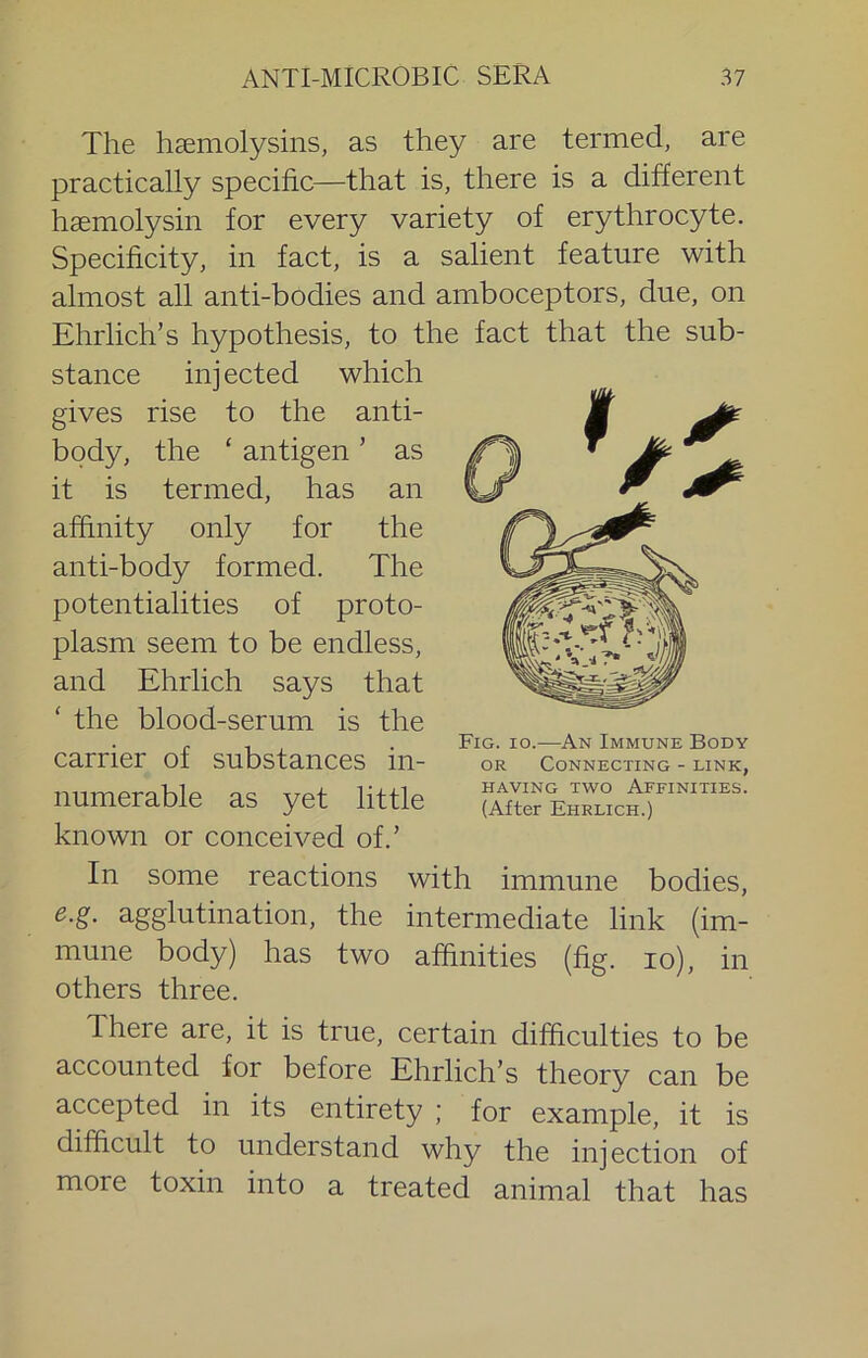 The hsemolysins, as they are termed, are practically specific—that is, there is a different hsemolysin for every variety of erythrocyte. Specificity, in fact, is a salient feature with almost all anti-bodies and amboceptors, due, on Ehrlich’s hypothesis, to the fact that the sub- stance injected which gives rise to the anti- body, the ‘ antigen ’ as it is termed, has an affinity only for the anti-body formed. The potentialities of proto- plasm seem to be endless, and Ehrlich says that ' the blood-serum is the carrier of substances in- numerable as yet little known or conceived of.’ In some reactions with immune bodies, e.g. agglutination, the intermediate link (im- mune body) has two affinities (fig. lo), in others three. There are, it is true, certain difficulties to be accounted for before Ehrlich’s theory can be accepted in its entirety ; for example, it is difficult to understand why the injection of more toxin into a treated animal that has Fig. io.—An Immune Body OR Connecting - link, HAVING TWO Affinities. (After Ehrlich.)