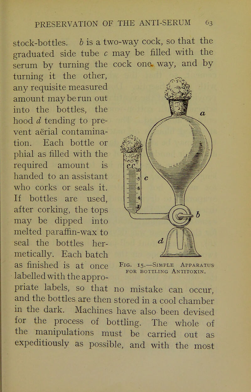 stock-bottles. & is a two-way cock, so that the graduated side tube c may be filled with the serum by turning the cock one. way, and by turning it the other, any requisite measured amount may be run out into the bottles, the hood d tending to pre- vent aerial contamina- tion. Each bottle or phial as filled with the required amount is handed to an assistant who corks or seals it. If bottles are used, after corking, the tops may be dipped into melted paraffin-wax to seal the bottles her- metically. Each batch as finished is at once labelled with the appro- priate labels, so that no mistake can occur. and the bottles are then stored in a cool chamber in the dark. Machines have also been devised for the process of bottling. The whole of the manipulations must be carried out as expeditiously as possible, and with the most