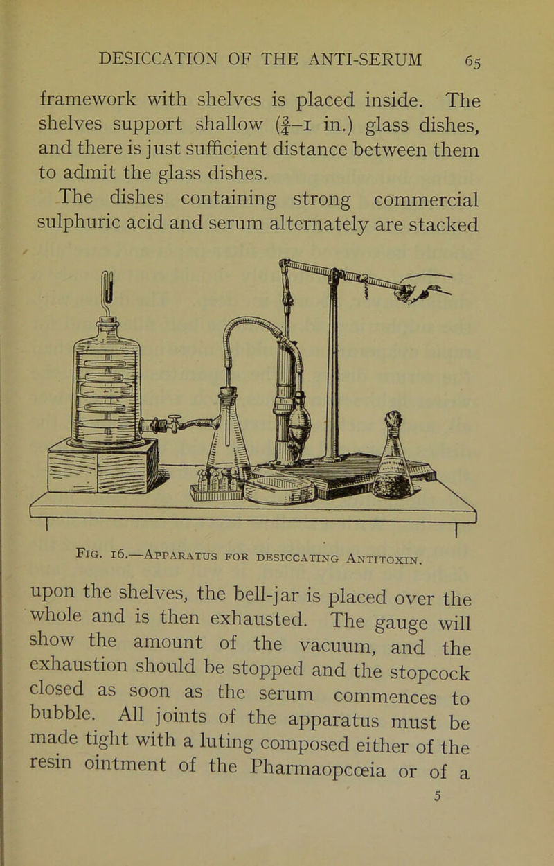 framework with shelves is placed inside. The shelves support shallow (|-i in.) glass dishes, and there is just sufficient distance between them to admit the glass dishes. The dishes containing strong commercial sulphuric acid and serum alternately are stacked Fig. 16.—Apparatus for desiccating Antitoxin. upon the shelves, the bell-jar is placed over the whole and is then exhausted. The gauge will show the amount of the vacuum, and the exhaustion should be stopped and the stopcock closed as soon as the serum commences to bubble. All joints of the apparatus must be made tight with a luting composed either of the resin ointment of the Pharmaopcoeia or of a 5