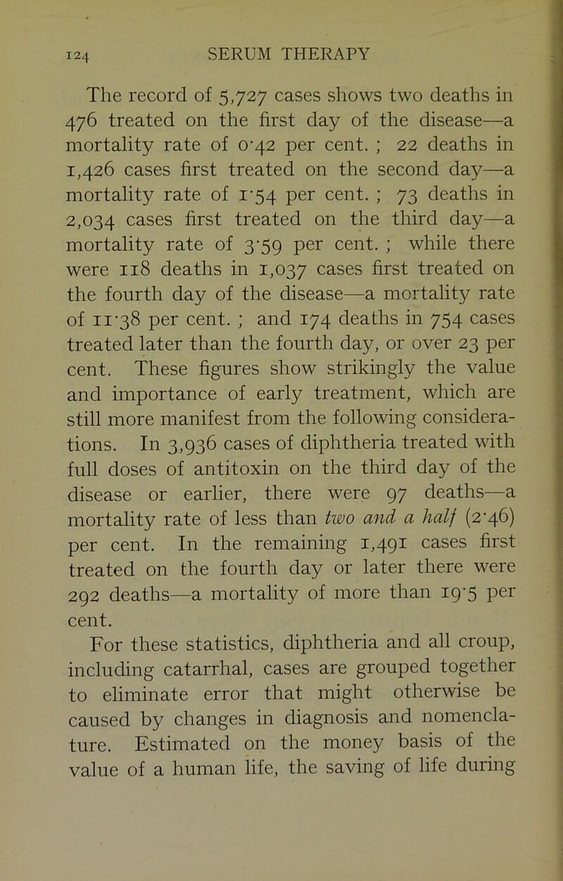 The record of 5,727 cases shows two deaths in 476 treated on the first day of the disease—a mortality rate of 0’42 per cent. ; 22 deaths in 1,426 cases first treated on the second day—a mortality rate of 1-54 per cent. ; 73 deaths in 2,034 cases first treated on the third day—a mortality rate of 3-59 per cent. ; while there were 118 deaths in 1,037 cases first treated on the fourth day of the disease—a mortality rate of 11 *38 per cent. ; and 174 deaths in 754 cases treated later than the fourth day, or over 23 per cent. These figures show strikingly the value and importance of early treatment, which are still more manifest from the following considera- tions. In 3,936 cases of diphtheria treated with full doses of antitoxin on the third day of the disease or earlier, there were 97 deaths—a mortality rate of less than two and a half (2'46) per cent. In the remaining 1,491 cases first treated on the fourth day or later there were 292 deaths—a mortality of more than i9'5 per cent. For these statistics, diphtheria and all croup, including catarrhal, cases are grouped together to eliminate error that might otherwise be caused by changes in diagnosis and nomencla- ture. Estimated on the money basis of the value of a human life, the saving of life during