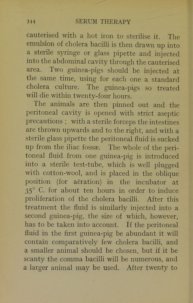 cauterised with a hot iron to sterilise it. The emulsion of cholera bacilli is then drawn up into a sterile syringe or glass pipette and injected into the abdominal cavity through the cauterised area. Two guinea-pigs should be injected at the same time, using for each one a standard cholera culture. The guinea-pigs so treated will die within twenty-four hours. The animals are then pinned out and the peritoneal cavity is opened with strict aseptic precautions ; with a sterile forceps the intestines are thrown upwards and to the right, and with a sterile glass pipette the peritoneal fluid is sucked up from the iliac fossae. The whole of the peri- toneal fluid from one guinea-pig is introduced into a sterile test-tube, which is well plugged with cotton-wool, and is placed in the oblique position (for aeration) in the incubator at 35° C. for about ten hours in order to induce proliferation of the cholera bacilli. After this treatment the fluid is similarly injected into a second guinea-pig, the size of which, however, has to be taken into account. If the peritoneal fluid in the first guinea-pig be abundant it will contain comparatively few cholera bacilli, and a smaller animal should be chosen, but if it be scanty the comma bacilli will be numerous, and a larger animal may be used, After twenty to