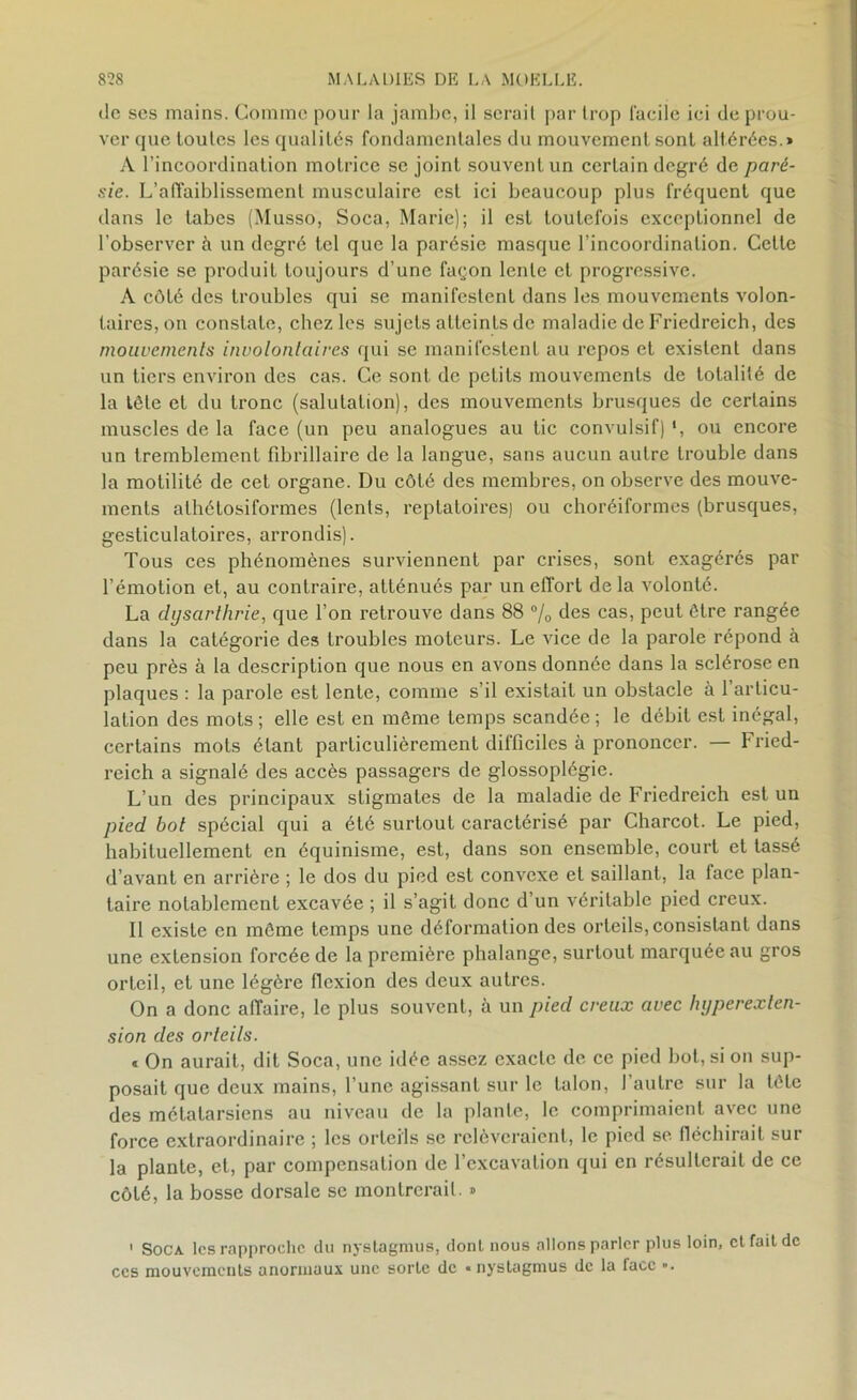 de ses mains. Comme pour la jambe, il serait par trop facile ici de prou- ver que toutes les qualités fondamentales du mouvement sont altérées.» A l’incoordination motrice se joint souvent un certain degré de paré- sie. L’affaiblissement musculaire est ici beaucoup plus fréquent que dans le tabes (Musso, Soca, Marie); il est toutefois exceptionnel de l’observer à un degré tel que la parésie masque l’incoordination. Celte parésie se produit toujours d’une façon lente et progressive. A côté des troubles qui se manifestent dans les mouvements volon- taires, on constate, chez les sujets atteints de maladie de Friedreich, des mouvements involontaires qui se manifestent au repos et existent dans un tiers environ des cas. Ce sont de petits mouvements de totalité de la tête et du tronc (salutation), des mouvements brusques de certains muscles de la face (un peu analogues au tic convulsif) ', ou encore un tremblement fîbrillaire de la langue, sans aucun autre trouble dans la motilité de cet organe. Du côté des membres, on observe des mouve- ments alhétosiformes (lents, reptatoiresj ou choréiformes (brusques, gesticulatoires, arrondis). Tous ces phénomènes surviennent par crises, sont exagérés par l’émotion et, au contraire, atténués par un effort de la volonté. La dysarthrie, que l’on retrouve dans 88 % des cas, peut être rangée dans la catégorie des troubles moteurs. Le vice de la parole répond à peu près à la description que nous en avons donnée dans la sclérose en plaques : la parole est lente, comme s’il existait un obstacle à 1 articu- lation des mots ; elle est en même temps scandée ; le débit est inégal, certains mots étant particulièrement difficiles à prononcer. — Fried- reich a signalé des accès passagers de glossoplégie. L’un des principaux stigmates de la maladie de Friedreich est un pied bot spécial qui a été surtout caractérisé par Charcot. Le pied, habituellement en équinisme, est, dans son ensemble, court et tassé d’avant en arrière ; le dos du pied est convexe et saillant, la face plan- taire notablement excavée ; il s’agit donc d’un véritable pied creux. Il existe en même temps une déformation des orteils, consistant dans une extension forcée de la première phalange, surtout marquée au gros orteil, et une légère flexion des deux autres. On a donc affaire, le plus souvent, à un pied creux avec hyperexten- sion des orteils. « On aurait, dit Soca, une idée assez exacte de ce pied bot, si on sup- posait que deux mains, l’une agissant sur le talon, l’autre sur la tète des métatarsiens au niveau de la plante, le comprimaient avec une force extraordinaire ; les orteils se relèveraient, le pied se fléchirait sur la plante, et, par compensation de l’excavation qui en résulterait de ce côté, la bosse dorsale se montrerait. » 1 Soca les rapproche du nystagmus, dont nous allons parler plus loin, et fait de ces mouvements anormaux une sorte de « nystagmus de la face ».