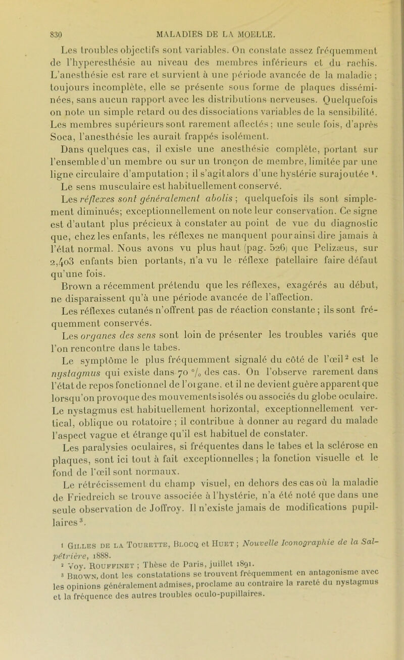 Les troubles objectifs sont variables. On constate assez fréquemment de l’hyperesthésie au niveau des membres inférieurs et du rachis. L’anesthésie est rare et survient à une période avancée de la maladie ; toujours incomplète, elle se présente sous forme de plaques dissémi- nées, sans aucun rapport avec les distributions nerveuses. Quelquefois on note un simple retard ou des dissociations variables de la sensibilité. Les membres supérieurs sont rarement affectés; une seule fois, d’après Soca, l’anesthésie les aurait frappés isolément. Dans quelques cas, il exislc une anesthésie complète, portant sur l’ensembled’un membre ou sur un tronçon de membre, limitée par une ligne circulaire d’amputation ; il s’agilalors d’une hystérie surajoutée '. Le sens musculaire est habituellement conservé. Les réflexes sont généralement abolis ; quelquefois ils sont simple- ment diminués; exceptionnellement on note leur conservation. Ce signe est d’autant plus précieux à constater au point de vue du diagnostic que, chez les enfants, les réflexes ne manquent pour ainsi dire jamais à l’état normal. Nous avons vu plus haut (pag. 5261 que Pclizæus, sur 2,4o3 enfants bien portants, n’a vu le réflexe patellaire faire défaut qu’une fois. Brown a récemment prétendu que les réflexes, exagérés au début, ne disparaissent qu’à une période avancée de l’affection. Les réflexes cutanés n’offrent pas de réaction constante ; ils sont fré- quemment conservés. Les organes des sens sont loin de présenter les troubles variés que l’on rencontre dans le tabes. Le symptôme le plus fréquemment signalé du côté de l’œil2 est le ngstagmus qui existe dans 70 % des cas. O11 l’observe rarement dans l’état de repos fonctionnel de l’oigane. et il ne devient guère apparent que lorsqu’on provoque des mouvements isolés ou associés du globe oculaire. Le nystagmus est habituellement horizontal, exceptionnellement ver- tical, oblique ou rotatoire ; il contribue à donner au regard du malade l’aspect vague et étrange qu’il est habituel de constater. Les paralysies oculaires, si fréquentes dans le tabes et la sclérose en plaques, sont ici tout à fait exceptionnelles ; la fonction visuelle et le fond de l’œil sont normaux. Le rétrécissement du champ visuel, en dehors des cas où la maladie de Friedreich se trouve associée à l’hystérie, n’a été noté que dans une seule observation de Joffroy. 11 n’existe jamais de modifications pupil- laires3. 1 Gilles de la Tourette, Blocq et Huet ; Nouvelle Iconographie cle la Sal- pétrière, 1888. 2 Voy. Rouffinet ; Thèse de Paris, juillet 1891. 3 Brown, dont les constatations se trouvent fréquemment en antagonisme avec les opinions généralement admises, proclame au contraire la rareté du nystagmus et la fréquence des autres troubles oculo-pupillaires.