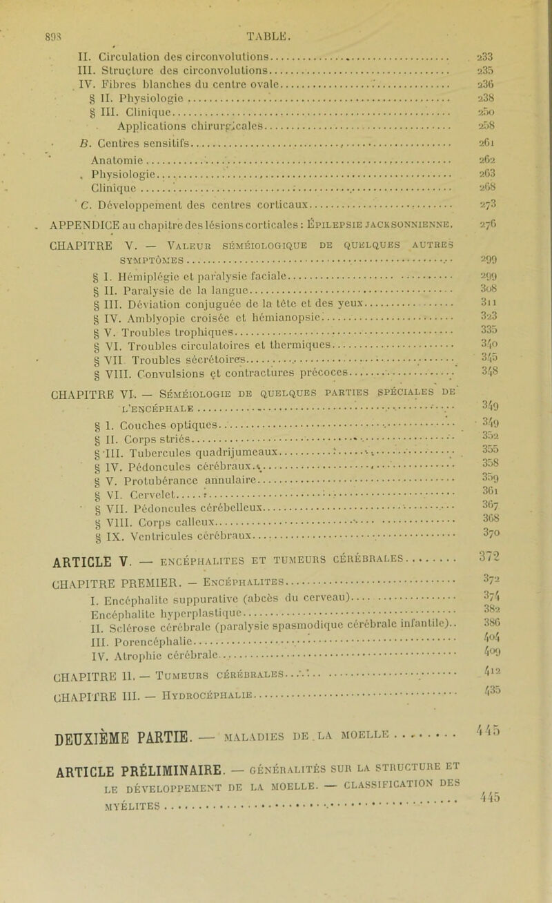 893 TABLE. II. Circulation des circonvolutions a33 III. Structure des circonvolutions 235 IV. Fibres blanches du centre ovale .' a36 § II. Physiologie 238 § III. Clinique 200 Applications chirurgicales 258 B. Centres sensitifs 261 Anatomie — 262 . Physiologie 2.63 Clinique ; 268 C. Développement des centres corticaux 273 APPENDICE au chapitre des lésions corticales : Épilepsie jacksonnienne. 27G CHAPITRE V. — Valeur séméiologique de quelques autres symptômes , 299 § 1. Hémiplégie et paralysie faciale 299 § II. Paralysie de la langue 3o8 § III. Déviation conjuguée de la tôte et des yeux 3n g IV. Amblyopie croisée et hémianopsie 3a3 g V. Troubles trophiques g VI. Troubles circulatoires et thermiques 34o g VII Troubles sécrétoires . 3^5 g VIII. Convulsions et contractures précoces 3f,8 CHAPITRE VI. — Séméiologie de quelques parties spéciales de l’encéphale 3^0 g 1. Couches optiques.. 3{i9 g II. Corps striés g III. Tubercules quadrijumeaux •’ ' ■. • • .• 355 g IV. Pédoncules cérébraux.\ g V. Protubérance annulaire 339 g VI. Cervelet : 3Ç> ' g VII. Pédoncules cérébelleux 3t^7 g VIII. Corps calleux g IX. Ventricules cérébraux. 37° ARTICLE V. — ENCÉPHALITES ET TUMEURS CÉRÉBRALES CHAPITRE PREMIER. - Encéphalites I. Encéphalite suppurative (abcès du cerveau) 374 Encéphalite hyperplastiquc ■ ■ • • II. Sclérose cérébrale (paralysie spasmodique cérébrale infantile).. III. Porencéplialie IV. Atrophie cérébrale CHAPITRE 11. — Tumeurs cérébrales../.*. CHAPITRE III. — Hydrocéphalie deuxième partie. — MALADIES DE.LA MOELLE ARTICLE PRÉLIMINAIRE. — généralités sur la structure et LE DÉVELOPPEMENT DE LA MOELLE. — CLASSIFICATION DES MYÉLITES