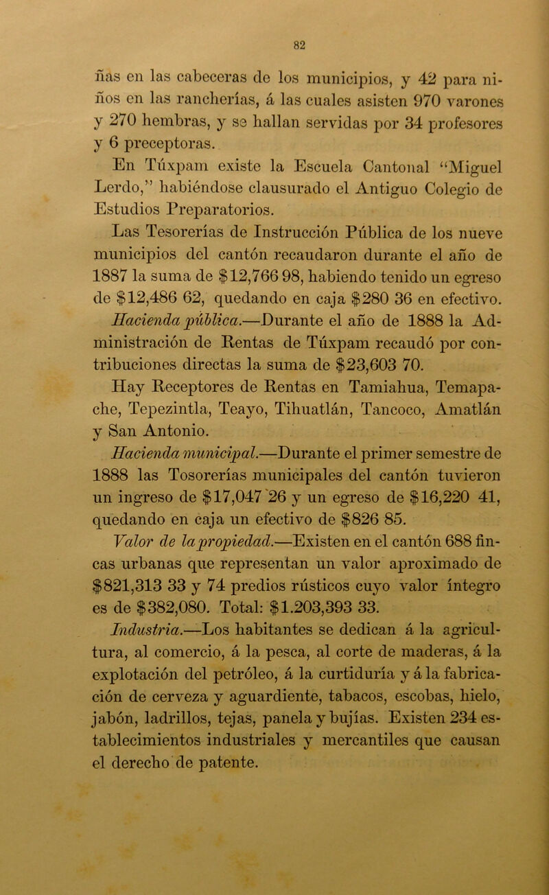 ñas en las cabeceras de los municipios, y 42 para ni- ños en las rancherías, á las cuales asisten 970 varones y 270 hembras, y se hallan servidas por 34 profesores y 6 preceptor as. En Tiíxpam existe la Escuela Cantonal “Miguel Lerdo,” habiéndose clausurado el Antiguo Colegio de Estudios Preparatorios. Las Tesorerías de Instrucción Pública de los nueve municipios del cantón recaudaron durante el año de 1887 la suma de $12,766 98, habiendo tenido un egreso de $12,486 62, quedando en caja $280 36 en efectivo. Hacienda pública.—Durante el año de 1888 la Ad- ministración de Rentas de Túxpam recaudó por con- tribuciones directas la suma de $23,603 70. Hay Receptores de Rentas en Tamiahua, Temapa- che, Tepezintla, Teayo, Tihuatlán, Tancoco, Amatlán y San Antonio. Hacienda municipal.—Durante el primer semestre de 1888 las Tesorerías municipales del cantón tuvieron un ingreso de $17,047 26 y un egreso de $16,220 41, quedando en caja un efectivo de $826 85. Valor de la propiedad.—Existen en el cantón 688 fin- cas urbanas que representan un valor aproximado de $821,313 33 y 74 predios rústicos cuyo valor íntegro es de $382,080. Total: $1.203,393 33. Industria.—Los habitantes se dedican á la agricul- tura, al comercio, á la pesca, al corte de maderas, á la explotación del petróleo, á la curtiduría y á la fabrica- ción de cerveza y aguardiente, tabacos, escobas, hielo, jabón, ladrillos, tejas, panela y bujías. Existen 234 es- tablecimientos industriales y mercantiles que causan el derecho de patente.