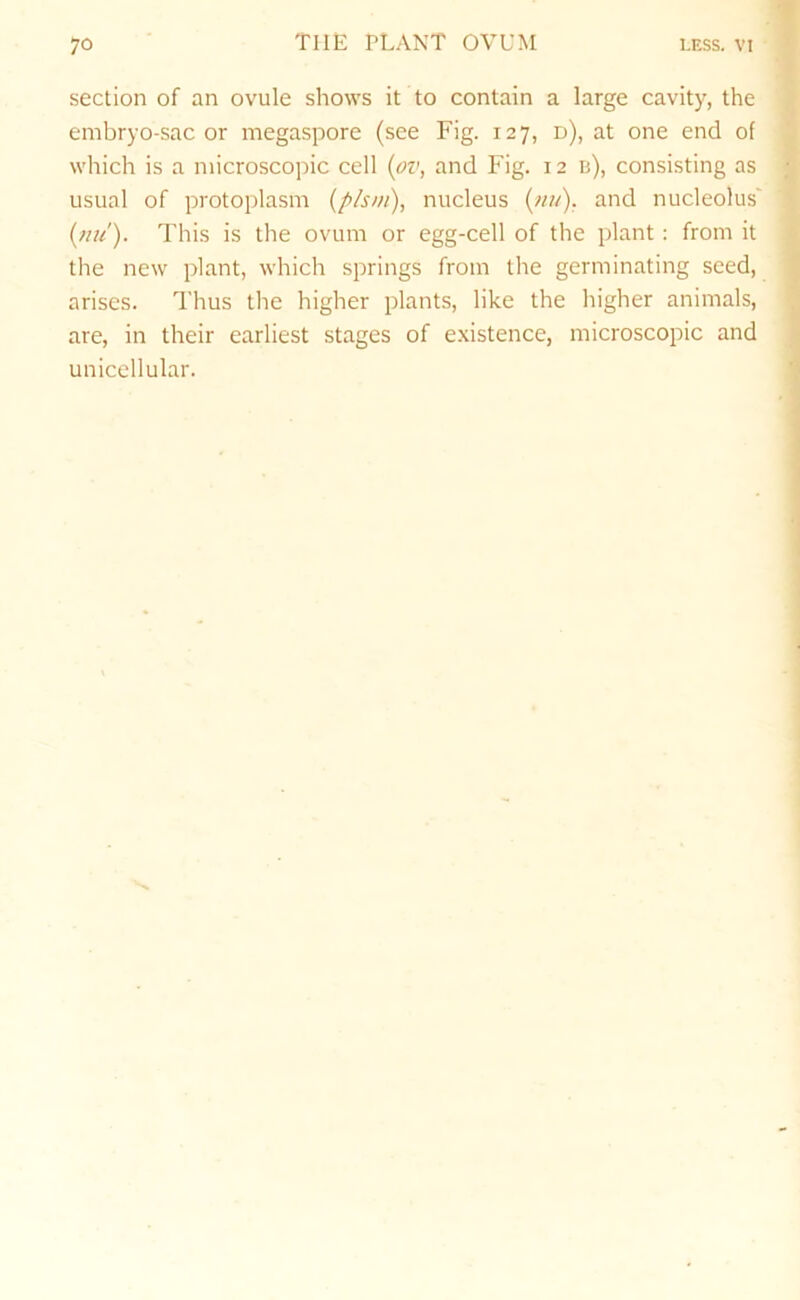 THE PLANT OVUM section of an ovule shows it to contain a large cavity, the embryo-sac or megaspore (see Fig. 127, d), at one end of which is a microscopic cell {pv, and Fig. 12 b), consisting as usual of protoplasm {plsm), nucleus {mt). and nucleolus' {)!u). This is the ovum or egg-cell of the plant: from it the new plant, which springs from tlie germinating seed, arises. Thus the higher plants, like the higher animals, are, in their earliest stages of e.xistence, microscopic and unicellular.