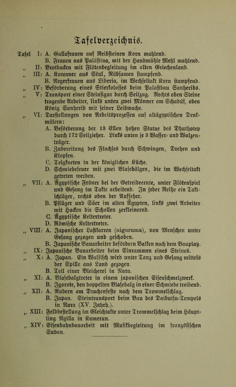 S^afclwerjetc^tttö. 2:afel I: A. ©aEafraucn auf 9ffeiBftcincu ^orn ma^Icnb. B. grauen au§ ^atäftiua, mit bcr §aubmü^le mal^Ieub. „ II: SSrotbadteu mit glötcubcgteituug im alten ©riec^eulaub. „ III: A. Koreaner au§ <Benl, Üiübjamen ftampfenb. B. Sf^egerfrauen au§ Siberia, im 2Bed)feItaft ^orn ftambfenb. „ IV; SSeförberung eine§ ©tierfoloffe§ beim ^alaftbau <San!^erib§. „ V: 2:ran^bort einer ©teinfigur bnrd^ ©eil§ug. 9fie(i^t§ oben ©teinc tragenbe 5lrbeiter, Iinf§ unten jmei 9?tänner am ©cl)abüf, oben ^önig ©an'^erib mit feiner ßeibma(^^e. „ VI: 2)arfteEnngen üon Slrbeit^brogeffen auf altägtibtifcl)en ^enf= malern: A. SSeförberung ber 13 @Een :^o:^cn @tatue be§ 2)^ut:^oteb burd^ 172 ©eitjie^er. SinB unten je 3 3öaffer= nnb 2ßal§en= träger. B. 3ubereitung be§ gladt)fe§ burcl) ©cl)h)ingen, 2)re^en nnb ^lobfen. C. Seigfneten in ber föniglidien ^üc^e. D. ©cbmiebefener mit §mei S3lafebälgen, bie im Söec^feltalt getreten merben. „ VII; A. %bbtifc^e gröner bei ber ®etreibeerntc, unter glötenfbiel nnb ^efang im ^^afte arbeitenb. jeber Slei^e ein ^aft= fdlläger, oben ber Slnffel^er. B. Pflüger nnb ©äer im alten Ägypten, linfg gmei 9lrbeiter mit Radien bie ©d^oßen jerfleinernb. C. ^gbbtijd^c ^eltertreter. D. 9?ömifdi)e ^eltertreter. „ VIII: A. gabanifdlier Saftfarren (nigumma), oon 9Ölenfcl)en unter ©efang gezogen nnb gefd^oben. B. gapanifdlie Bauarbeiter beförbern Balten na^ bem Baubla^. „ IX: gabanifd^e Bauarbeiter beim ©inrammen eineig ©teineö. „ X; A. gaban. ©in Söalfifd^ mirb unter Sang nnb ©efang mittels ber ©bitte an^ Sanb gegogen. B. Seil einer Bleid)erei in 9^ara. „ XI: A. Blafebalgtreter in einem jabanifd^en ©ifenf(^melgn)erf. B. ggorote, ben bobbeiten Blafebalg in einer ©d^miebe treibenb. ,, XII: A. Zubern am Sradfjenfefte nad^ bem Srommelfd^lag. B. gaban. ©teintran^bn^^t ^eim Bau be^ Saibutfu=SembeB in 97ara (XV. gatir^^.). „ XIII; gelbbeftettung im ©leid^tafte unter Srommelfdl)tag beim |)äubt= ling 97gitta in Kamerun. „ XIV; ©ifenba^^nbanarbeit mit 9Hnfifbeglcitnng im frangöfifd^cn ©uban.