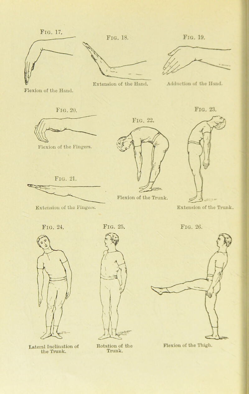 Fig. 18. Fig. 19. Extension of the Hand. Flexion of the Hand. Fig. 20. Fig. 23. Fig. 22. Flexion of the Fingers. Fig. 21. Flexion of the Trunk. Fig. 26. Lateral Inclination of the Trunk. Rotation of the Trunk.