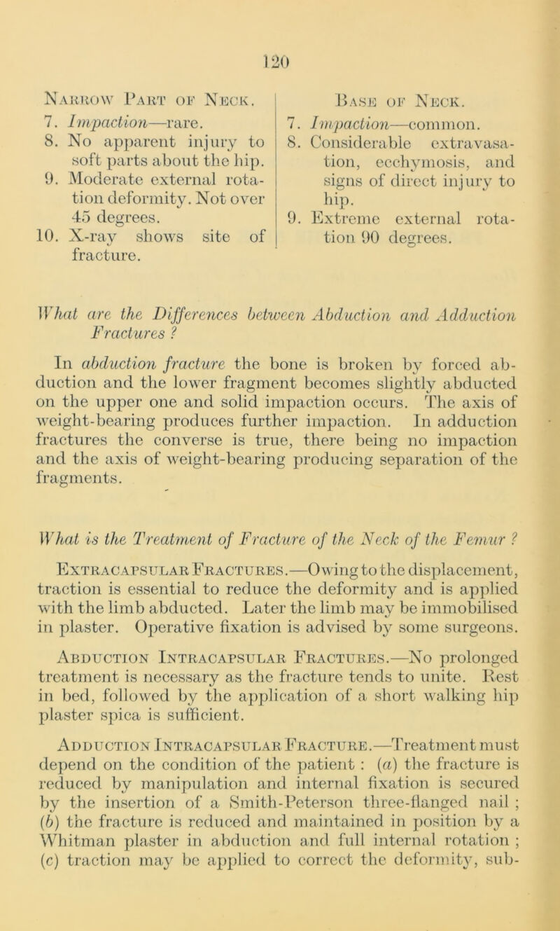 Narrow Part of Neck. 7. Impaction—rare. 8. No apparent injury to soft parts about the hip. 9. Moderate external rota- tion deformity. Not over 45 degrees. 10. X-ray shows site of fracture. Base of Neck. 7. Impaction—common. 8. Considerable extravasa- tion, ecchymosis, and signs of direct injury to hip. 9. Extreme external rota- tion 90 degrees. What are the Differences between Abduction and Adduction Fractures ? In abduction fracture the bone is broken by forced ab- duction and the lower fragment becomes slightly abducted on the upper one and solid impaction occurs. The axis of weight-bearing produces further impaction. In adduction fractures the converse is true, there being no impaction and the axis of weight-bearing producing separation of the fragments. What is the Treatment of Fracture of the Neck of the Femur ? Extracapsular Fractures.—Owing to the displacement, traction is essential to reduce the deformity and is applied with the limb abducted. Later the limb may be immobilised in plaster. Operative fixation is advised by some surgeons. Abduction Intracapsular Fractures.—No prolonged treatment is necessary as the fracture tends to unite. Rest in bed, followed by the application of a short walking hip plaster spica is sufficient. Adduction Intracapsular Fracture.—Treatment must depend on the condition of the patient : {a) the fracture is reduced by manipulation and internal fixation is secured by the insertion of a Smith-Peterson three-flanged nail ; (b) the fracture is reduced and maintained in position by a Whitman plaster in abduction and full internal rotation ; (c) traction may be applied to correct the deformity, sub-