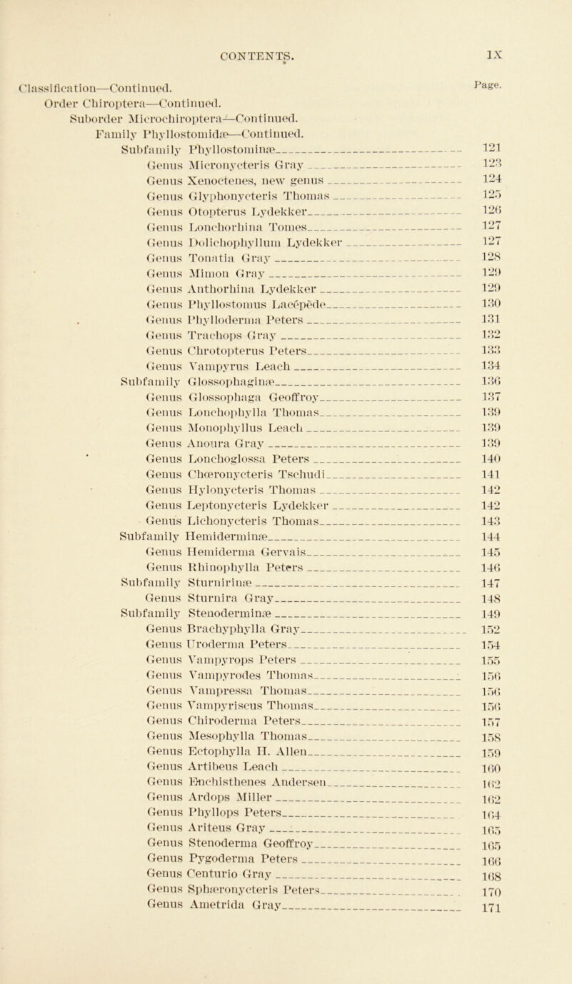 • Classification—Continued. Page. Order Chiroptera—Continued. Suborder Microchiroptera—Continued. Family Phyllostomidse—Continued. Subfamily Phyllostominae 121 Genus Micronycteris Gray 123 Genus Xenoctenes, new genus 124 Genus Glyphonycteris Thomas 125 Genus Otopterus Lydekker 126 Genus Lonchorhina Tomes 127 Genus Dolichophyllum Lydekker 127 Genus Tonatia Gray 128 Genus Minion Gray 129 Genus Anthorhina Lydekker 129 Genus Pliyllostomus Lacepede 130 Genus Phylloderma Peters 131 Genus Trachops Gray 132 Genus Chrotopterus Peters 133 Genus Vampyrus Leach 134 Subfamily Glossophaginae 136 Genus Glossophaga Geoffroy 137 Genus Lonchophylla Thomas 139 Genus Monophyllus Leach 139 Genus Anoura Gray 139 Genus Lonchoglossa Peters 140 Genus Choeronycteris Tschudi 141 Genus Hylonycteris Thomas 142 Genus Leptonycteris Lydekker 142 Genus Lichonycteris Thomas 143 Subfamily Hemiderminse 144 Genus Hemiderma Gervais 145 Genus Rhinophylla Peters 146 Subfamily Sturnirime 147 Genus Sturnira Gray 148 Subfamily Stenoderminse 149 Genus Brachyphylla Gray 152 Genus Uroderma Peters 154 Genus Yampyrops Peters 155 Genus Vampyrodes Thomas 156 Genus Vampressa Thomas 156 Genus Yampyriscus Thomas 156 Genus Chiroderma Peters 157 Genus Mesophylla Thomas 15S Genus Ectophylla H. Allen 159 Genus Artibeus Leach 799 Genus Enchisthenes Andersen pjo Genus Ardops Miller 102 Genus Phyllops Peters 794 Genus Ariteus Gray 795 Genus Stenoderma Geoffroy 795 Genus Pygoderma Peters 799 Genus Centurio Gray 798 Genus Sphseronycteris Peters 170 Genus Ametrida Gray 777