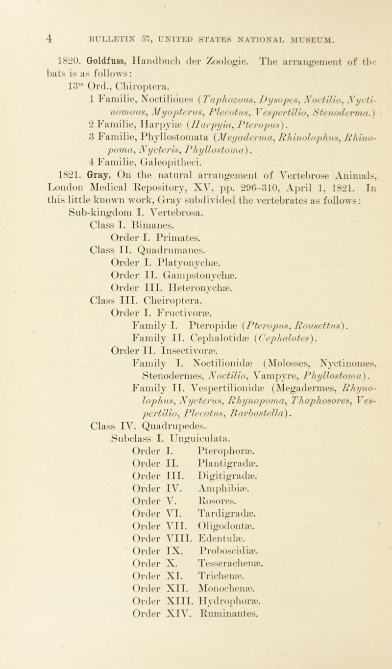 18:20. Goldfuss, Handbuch der Zoologie. The arrangement of tie bats is as follows: 13te Ord., Chiroptera. 1 Familie, Noctiliones (T aphozous, Dysopes, N octilio, Xycti- nomous, Myopterus, Plecotu,v, Vespertilio, Stenoderma.) 2 Familie, Harpyiae (Ilarpyia, Pteropus). 3 Familie, Phyllostomata (.Megaderma, Rhinolophus, Rhino- poma, Nycteris, Phyllostoma). 4 Familie, Galeopitheci. 1821. Gray, On the natural arrangement of Vertebrose Animals, London Medical Repository, XV, pp. 296-310, April 1, 1821. In this little known work, Gray subdivided the vertebrates as follows: Sub-kingdom I. Vertebrosa. Class I. Bimanes. Order I. Primates. Class II. Quadrumanes. Order I. Platyonvchae. Order II. Gampstonychae. Order III. Heteronvchae. Class III. Cheiroptera. Order I. Fructivorae. Family I. Pteropidae (P ter opus, Rousettus). Family II. Cephalotidae (Cephalotes). Order II. Insect ivorae. Family I. Noctilionidae (Molosses, Xvctinomes, Stenodermes, Noctilio, Vampyre, Phyllostoma). Family II. Vespertilionidae (Megadermes, Rhyno- lophus, Nycterus, Rhynopoma, Thaphosores, Ves- pertilio, Plecotus, Barbastella). Class IV. Qua dm pedes. Subclass I. Unguiculata. Order I. Pterophorae. Plantmradae. Order II. Order III. Order IV. Order V. Order VI. Order VII Digitigradae. Amphibia1. Rosores. Tardigradae. Oligodontae. Order VIII. Edentulae. Order IX. Proboscidiae. Order X. Tesserachenae. Order XI. Triclienae. Order XII. Monochena?. Order XIII. Hydrophorae. Order XIV. Ruminantes.