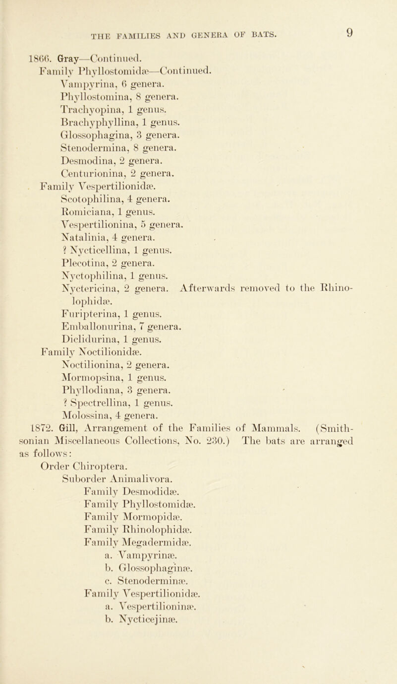 I860. Gray—Continued. Faniily Phyllostomidae—Continued. Vampyrina, 6 genera. Phyllostomina, 8 genera. Trachyopina, 1 genus. Brachyphyllina, 1 genus. Glossophagina, 3 genera. Stenodermina, 8 genera. Desmodina, 2 genera. Centurionina, 2 genera. Family Vespertilionidae. Scotopliilina, 4 genera. Romiciana, 1 genus. Vespertilionina, 5 genera. Natalinia, 4 genera. ? Nycticellina, 1 genus. Plecotina, 2 genera. Nyctophilina, 1 genus. Nyctericina, 2 genera. Afterwards removed to the Rliino- lophidae. Furipterina, 1 genus. Emballonurina, 7 genera. Diclidurina, 1 genus. Family Noctilionidae. Xoctilionina, 2 genera. Mormopsina, 1 genus. Phyllodiana, 3 genera. ? Spectrellina, 1 genus. Molossina, 4 genera. 1872. Gill, Arrangement of the Families of Mammals. (Smith- sonian Miscellaneous Collections, No. 230.) The bats are arranged as follows: Order Chiroptera. Suborder Animalivora. Family Desmoclidse. Family Phyllostomidae. Family Mormopidse. Family Rhinolophidse. Family Megadermidse. a. VampyriiitTe. b. Glossophagime. c. Stenoderminae. Family Vespertilionidae. a. Vespertilioninse. b. Nycticejinae.