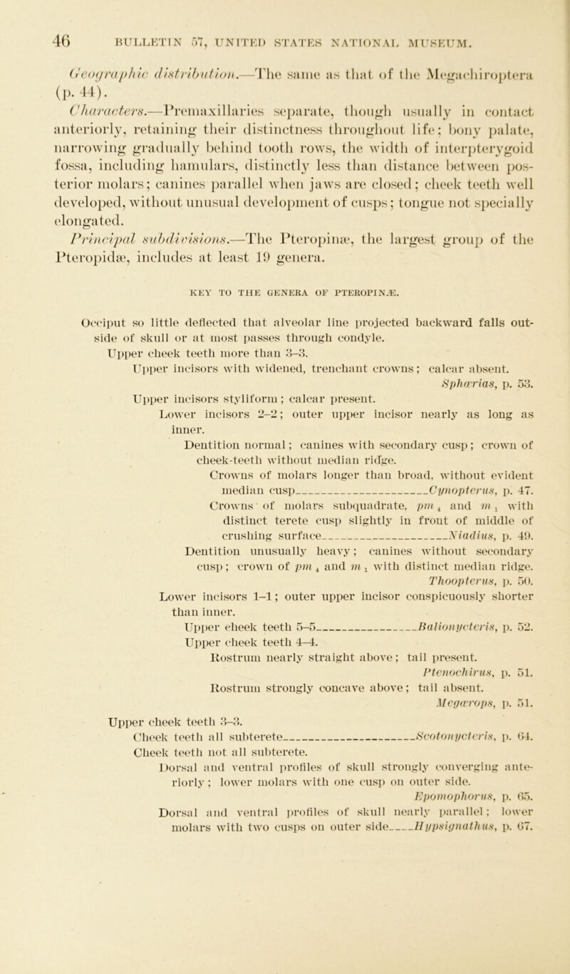 Geographic distribution.—The same as that of the Megachiroptera (P* 44). Characters.—Premaxillaries separate, though usually in contact anteriorly, retaining their distinctness throughout life; bony palate, narrowing gradually behind tooth rows, the width of interpterygoid fossa, including hamulars, distinctly less than distance between pos- terior molars; canines parallel when jaws are closed; cheek teeth well developed, without unusual development of cusps; tongue not specially elongated. Principal subdivisions.—The Pteropinse, the largest group of the Pteropidee, includes at least 19 genera. KEY TO THE GENERA OF PTEROPIN^E. Occiput so little deflected that alveolar line projected backward falls out- side of skull or at most passes through condyle. Upper cheek teeth more than 3-3. Upper incisors with widened, trenchant crowns; calcar absent. Sphcerias, p. 53. Upper incisors styliform; calcar present. Lower incisors 2-2; outer upper incisor nearly as long as inner. Dentition normal; canines with secondary cusp; crown of cheek-teeth without median ridge. Crowns of molars longer than broad, without evident median cusp Cynopterus, p. 47. Crowns' of molars subquadrate, pm 4 and m 1 with distinct terete cusp slightly in front of middle of crushing surface Niadius, p. 49. Dentition unusually heavy; canines without secondary cusp; crown of pm 4 and m ± with distinct median ridge. Thoopterus, p. 50. Lower incisors 1-1; outer upper incisor conspicuously shorter than inner. Upper cheek teeth 5-5 Balionycteris, p. 52. Upper cheek teeth 4-4. Rostrum nearly straight above; tail present. Ptenochirus, p. 51. Rostrum strongly concave above; tail absent. Meg (crops, p. 51. Upper cheek teeth 3-3. Cheek teeth all subterete Scotonycteris, p. 04. Cheek teeth not all subterete. Dorsal and ventral profiles of skull strongly converging ante- riorly ; lower molars with one cusp on outer side. Epomophorus, p. 05. Dorsal and ventral profiles of skull nearly parallel: lower molars with two cusps on outer side Hypsignathus, p. 07.