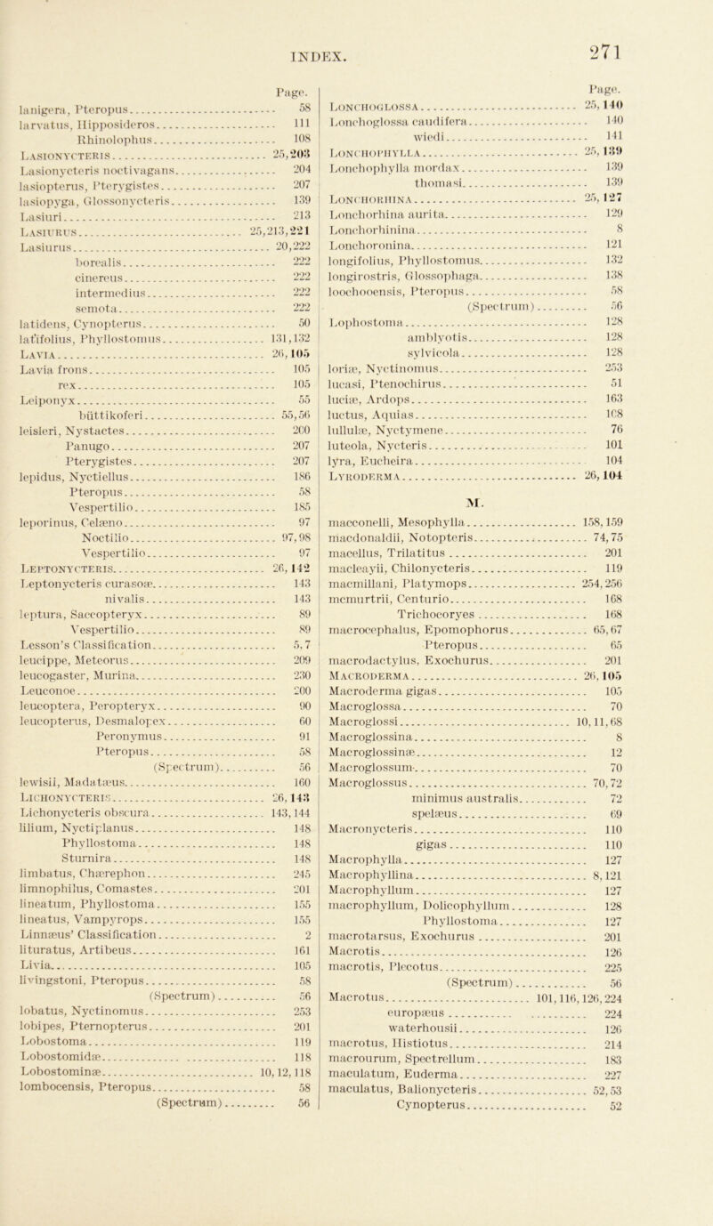 lanigera, Pteropus larvatus, Hipposideros Rhinolophus Lasionycteris Lasionycteris noctivagans lasiopterus, Pterygistes lasiopyga, Glossonycteris Lasiuri Lasiurus Lasiurus borealis cinereus intermedius semota latidens, Cynopterus lat'ifolius, Phyllostomus Lavia Lavia frons rex Leiponyx biittikoferi leisleri, Nystactes Panugo Pterygistes lepidus, Nyctiellus Pteropus Vespertilio leporinus, Celseno Noctilio Vespertilio Leptonycteris Leptonycteris curasoae nivalis leptura, Saeeopteryx Vespertilio Lesson’s Classification leucippe, Meteorus leucogaster, Murina Leuconoe leucoptera, Peropteryx leucopterus, Desmalopex Peronymus Pteropus (Spectrum). lewisii, Madataeus Lichonycteris Lichonyeteris obscura lilium, Nyctiplanus Phyllostoma Sturnira limbatus, Chserephon limnophilus, Comastes lineatum, Phyllostoma lineatus, Vampyrops Linnaeus’ Classification lituratus, Artibeus Livia livingstoni, Pteropus (Spectrum). lobatus, Nyetinomus lobipes, Pternopterus Lobostoma Lobostomidae Lobostominae lombocensis, Pteropus (Spectrum) Page. 58 Ill 108 ... 25,203 204 207 139 213 25,213,221 .... 20,222 222 222 222 222 50 ... 131,132 ... 26,105 105 105 ... 55,56 ... 2C0 ... 207 ... 207 ... 186 58 ... 185 97 ... 97,98 97 . 26,142 ... 143 ... 143 89 89 ... 5,7 ... 209 ... 230 ... 200 90 60 91 58 56 ... 160 . 26,143 . 143,144 148 148 148 ... 245 ... 201 155 ... 155 2 ... 161 ... 105 58 56 ... 253 ... 201 ... 119 ... 118 10,12,118 58 56 Page. Lonchoglossa 25,140 Lonchoglossa caudifera HO wiedi 141 Lonchophylla 25,139 Lonchophylla mordax 139 thorn a si 139 Lonohoriiina 25, 127 Lonchorhina atari ta 129 Lonchorhinina 8 Lonchoronina 121 longifolius, Phyllostomus 132 longirostris, Glossophaga 138 loochooensis, Pteropus 58 (Spectrum) 56 | Lophostoma 128 amblyotis 128 sylvicola 128 loi'iae, Nyetinomus 253 lucasi, Ptenochirus 51 luciae, Ardops 163 | luctus, Aquias 1C8 lullulae, Nyctymene 76 luteola, Nycteris 101 lyra, Eucheira 104 Lyrodf.rma 26,104 M. macconelli, Mesophylla 158,159 niacdonaldii, Notopteris , 74,75 macellus, Trilatitus 201 macleayii, Chilonycteris 119 macmillani, Platymops 254,256 memurtrii, Centurio 168 Trichocoryes 168 macrocephalus, Epomophorus 65,67 Pteropus 65 macrodactylus, Exochurus 201 Macroderma 26,105 Macroderma gigas 105 Macroglossa 70 Macroglossi 10,11,68 Macroglossina 8 Macroglossinae 12 Macroglossum- 70 Macroglossus 70,72 minimus australis 72 spelaeus 69 Macronycteris 110 gigas 110 Macrophyila 127 Macrophyllina 8,121 Macrophyllum 127 macrophyllum, Dolicophyllum 128 Phyllostoma 127 macrotarsus, Exochurus 201 Macro tis 126 macrotis, Plecotus 225 (Spectrum) 56 Macrotus 101,116,126,224 europseus 224 waterhousii 126 macrotus, Histiotus 214 macrourum, Spectrellum 183 maculatum, Euderma 227 maculatus, Balionycteris 52,53 Cynopterus 52