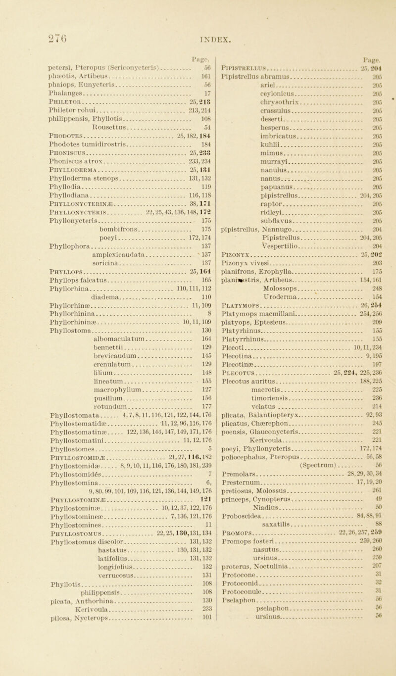 Pago. petersi, Pteropus (Sericonycteris) 56 phceotis, Artibeus 161 phaiops, Eunycteris 56 Phalanges 17 Philetor 25,213 Philetor rohui 213,214 philippensis, Phyllotis 108 Rousettus 54 Phodotes 25,182,184 Phodotes tumidirostris 184 Phoniscus 25,233 Phoniscus atrox 233,234 Phylloderma 25,131 Phylloderma stenops 131,132 Phyllodia 119 Phyllodiana 116,118 Phyllonycterin a 38,171 Phyllonycteris 22,25,43,136,148,172 Phyllonycteris 175 bombifrons 175 poeyi 172,174 Phyllophora 137 amplexicaudata 137 sorieina 137 Phyllops 25,164 Phyllops falcatus 165 Phyllorhina 110,111,112 diadema 110 Phyllorhinse 11,109 Phyllorhinina 8 Phyllorhlninse 10,11,109 Phyllostoma 130 albomaculatum 164 bennettii 129 brevicaudum 145 crenulatum 129 lilium 148 lineatum 155 macrophyllum 127 pusillum 156 rotundiun 177 Phyllostomata 4,7,8,11,116,121,122,144,176 Pbyllostomatidse 11,12,96,116,176 Phyllostoinatince 122,136,144,147,149,171,176 Phyllostomatini 11,12,176 Phyllostomes 5 Phyllostomida 21,27,116,182 Phyllostomidse 8,9,10,11,116,176,180,181,239 Phyllostomides 7 Phyllostomina 6, 9,80,99,101,109,116,121,136,144,149,176 Phyllostomina 121 Phyllostominse 10,12,37,122,176 Phyllostominese 7,136,121,176 Phyllostomines 11 Phyllostomus 22,25, 130,131,134 Phyllostomus discolor •... 131,132 hastatus 130,131,132 latifolius 131,132 longifolius 132 verrucosus 131 Phyllotis 108 philippensis 108 picata, Anthorhina 130 Kcrivoula 233 pilosa, Nycterops 101 Page. Pipistrellus 25,204 Pipistrellus abramus 205 ariel 205 ceylonicus 205 chrysothrix 205 crassulus 205 deserti 205 hesperus 205 irnbricatus 205 kuhlii 205 mimus 205 murrayi 205 nanulus 205 nanus 205 papuanus 205 pipistrellus 204,205 raptor 205 ridleyi 205 subflavus 205 pipistrellus, Nannugo 204 Pipistrellus 204,205 Vespertilio ! 204 Pizonyx 25,202 Pizonyx vivesi 203 planifrons, Erophylla 175 planiiestris, Artibeus 154,161 Molossops 248 Uroderma 154 Platymops 26,254 Platymops macmillani 254,256 platyops, Eptesicus 209 Platyrhinus 155 Platyrrhinus 155 Plecoti 10,11,234 Plecotina 9,195 Plecotinse 197 PLECOTUS.... 25,224, 225,236 Plecotus auritus 188,225 macrotis .* 225 timoriensis 236 velatus 214 plicata, Balantiopteryx 92,93 plicatus, Chserephon 245 poensis, Glauconycteris 221 Kerivoula 221 poeyi, Phyllonycteris 172,174 poliocephalus, Pteropus 56.58 (Spectrum) 56 Premolars 28,29,30,34 Presternum 17,19,20 pretiosus, Molossus 261 princeps, Cynopterus 49 Niadius 50 Proboscidea 84,88,91 saxatilis Promops Promops fosteri nasutus ursinus proterus, Noctulinia. Protocone Protoconid Protoconule Pselaphon pselaphon ursinus 88 22,26,257,259 259,260 260 259 207 31 31 56 56 56