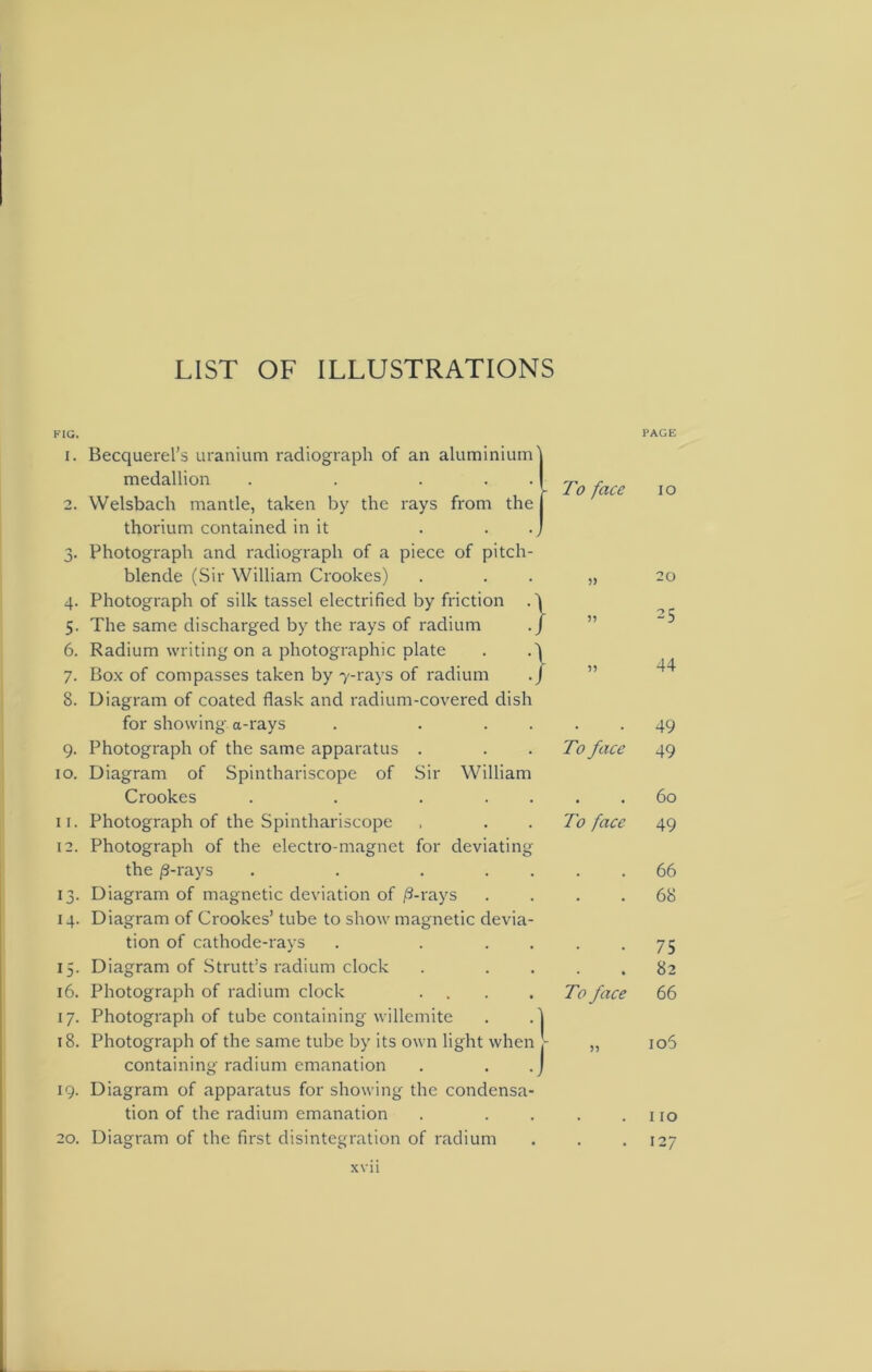 LIST OF ILLUSTRATIONS FIG. 1. Becquerel’s uranium radiograph of an aluminium' medallion . . ... - 2. Welsbach mantle, taken by the rays from the thorium contained in it . . 3. Photograph and radiograph of a piece of pitch- blende (Sir William Crookes) 4. Photograph of silk tassel electrified by friction .4 5. The same discharged by the rays of radium ./ 6. Radium writing on a photographic plate . .'j 7. Box of compasses taken by 7-rays of radium ./ 8. Diagram of coated flask and radium-covered dish for showing a-rays . ... 9. Photograph of the same apparatus . 10. Diagram of Spinthariscope of Sir William Crookes . . ... 11. Photograph of the Spinthariscope 12. Photograph of the electro-magnet for deviating the /3-rays . . ... 13. Diagram of magnetic deviation of /3-rays 14. Diagram of Crookes’ tube to show magnetic devia- tion of cathode-rays . ... 15. Diagram of Strutt’s radium clock 16. Photograph of radium clock ... 17. Photograph of tube containing willemite . . 1 18. Photograph of the same tube by its own light when - containing radium emanation . . . J 19. Diagram of apparatus for showing the condensa- tion of the radium emanation 20. Diagram of the first disintegration of radium l’AGE To face 10 ?> 20 3? 25 33 44 To face 49 49 To face 60 49 • 66 68 To face 75 82 66 33 106 . I IO . 127