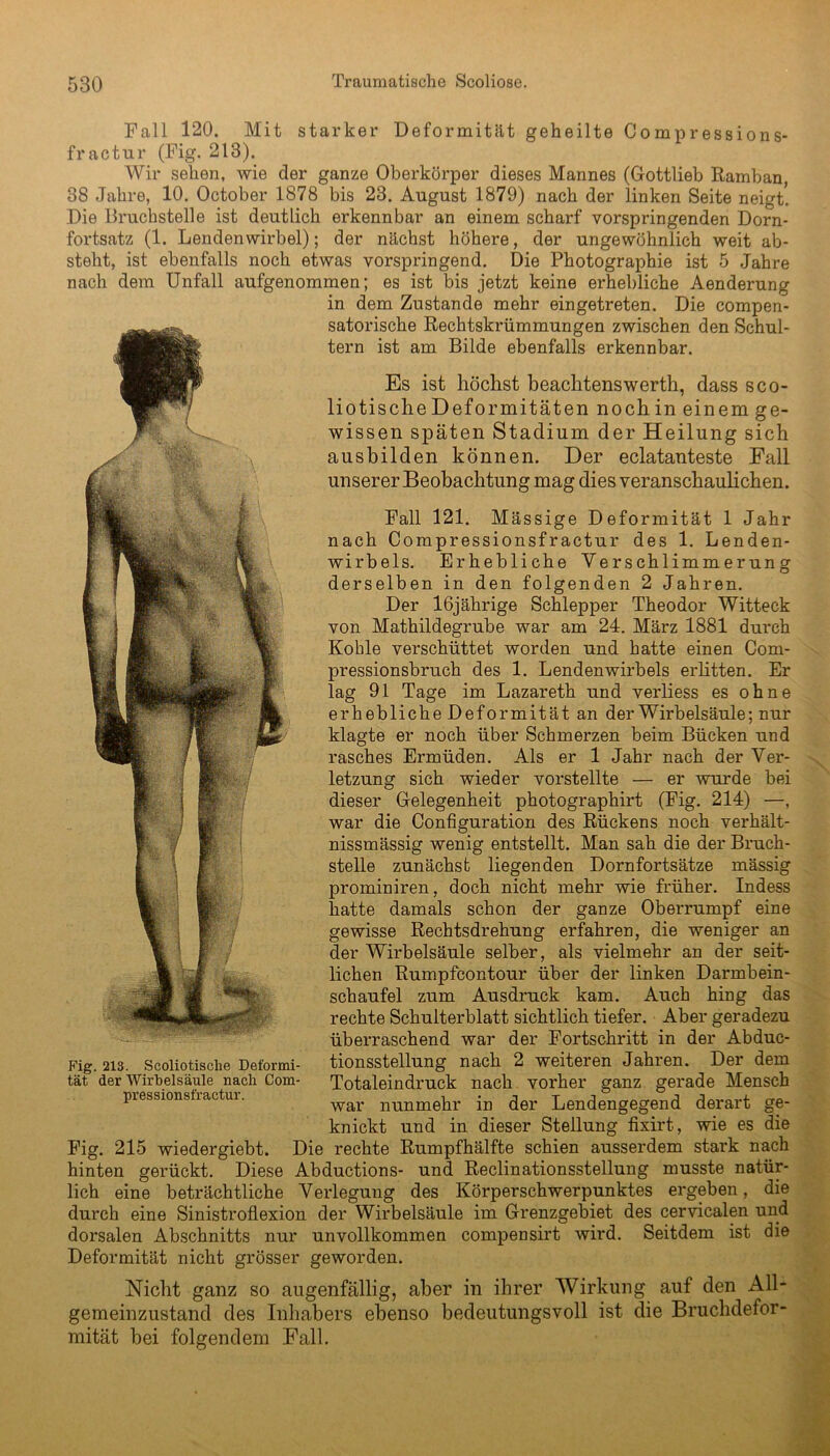 Fall 120. Mit starker Deformität geheilte Compressions- fractur (Fig. 213). Wir sehen, wie der ganze Oberkörper dieses Mannes (Gottlieb Ramban, 38 Jahre, 10. October 1878 bis 23. August 1879) nach der linken Seite neigt! Die Bruchstelle ist deutlich erkennbar an einem scharf vorspringenden Dorn- fortsatz (1. Lendenwirbel); der nächst höhere, der ungewöhnlich weit ab- steht, ist ebenfalls noch etwas vorspringend. Die Photographie ist 5 Jahre nach dem Unfall aufgenommen; es ist bis jetzt keine erhebliche Aenderung in dem Zustande mehr eingetreten. Die compen- satorische Rechtskrümmungen zwischen den Schul- tern ist am Bilde ebenfalls erkennbar. Es ist höchst beachtenswerth, dass sco- liotische Deformitäten noch in einem ge- wissen späten Stadium der Heilung sich ausbilden können. Der eclatanteste Fall unserer Beobachtung mag dies veranschaulichen. Fall 121. Massige Deformität 1 Jahr nach Compressionsfractur des 1. Lenden- wirbels. Erhebliche Verschlimmerung derselben in den folgenden 2 Jahren. Der 16jährige Schlepper Theodor Witteck von Mathildegrube war am 24. März 1881 durch Kohle verschüttet worden und hatte einen Com- pressionsbruch des 1. Lendenwirbels erlitten. Er lag 91 Tage im Lazareth und verliess es ohne erhebliche Deformität an der Wirbelsäule; nur klagte er noch über Schmerzen beim Bücken und rasches Ermüden. Als er 1 Jahr nach der Ver- letzung sich wieder vorstellte — er wurde bei dieser Gelegenheit photographirt (Fig. 214) —, war die Configuration des Rückens noch verhält- nissmässig wenig entstellt. Man sah die der Bruch- stelle zunächst liegenden Dornfortsätze mässig prominiren, doch nicht mehr wie früher. Indess hatte damals schon der ganze Oberrumpf eine gewisse Rechtsdrehung erfahren, die weniger an der Wirbelsäule selber, als vielmehr an der seit- lichen Rumpfcontour über der linken Darmbein- schaufel zum Ausdruck kam. Auch hing das rechte Schulterblatt sichtlich tiefer. Aber geradezu überraschend war der Fortschritt in der Abduc- tionsstellung nach 2 weiteren Jahren. Der dem Totaleindruck nach vorher ganz gerade Mensch war nunmehr in der Lendengegend derart ge- knickt und in dieser Stellung fisirt, wie es die Fig. 215 wiedergiebt. Die rechte Rumpfhälfte schien ausserdem stark nach hinten gerückt. Diese Abductions- und Reclinationsstellung musste natür- lich eine beträchtliche Verlegung des Körperschwerpunktes ergeben, die durch eine Sinistroflexion der Wirbelsäule im Grenzgebiet des cervicalen und dorsalen Abschnitts nur unvollkommen compensirt wird. Seitdem ist die Deformität nicht grösser geworden. Nicht ganz so augenfällig, aber in ihrer Wirkung auf den All- gemeinzustand des Inhabers ebenso bedeutungsvoll ist die Bruchdefor- mität bei folgendem Fall. Fig. 213. Scoliotische Deformi- tät der Wirbelsäule nach Com- pressionsfractur.