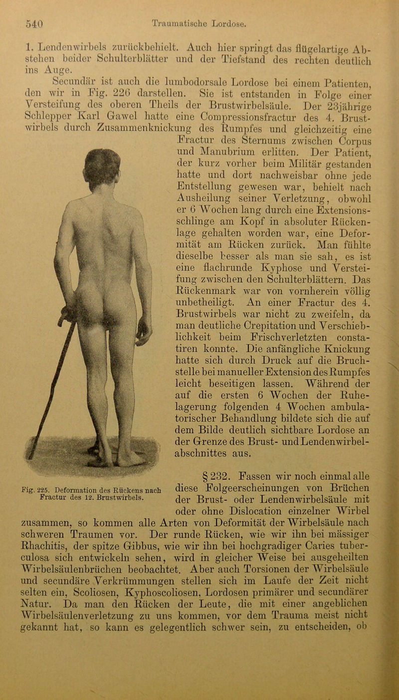 1. Lendenwirbels znriickbehielt. Auch hier springt das flügelartige Ab- stehen beider Schulterblätter und der Tiefstand des rechten deutlich ins Auge. Secundär ist auch die lumbodorsale Lordose bei einem Patienten, den wir in Fig. 22G darstellen. Sie ist entstanden in Folge einer Versteifung des oberen Theils der Brustwirbelsäule. Der 23jährige Schlepper Karl Gawel hatte eine Compressionsfractur des 4. Brust- wirbels durch Zusammenknickung des Rumpfes und gleichzeitig eine Fractur des Sternums zwischen Corpus und Manubrium erlitten. Der Patient, der kurz vorher beim Militär gestanden hatte und dort nachweisbar ohne jede Entstellung gewesen war, behielt nach Ausheilung seiner Verletzung, obwohl er (3 Wochen lang durch eine Extensions- schlinge am Kopf in absoluter Rücken- lage gehalten worden war, eine Defor- mität am Rücken zurück. Man fühlte dieselbe besser als man sie sah, es ist eine flachrunde Kyphose und Verstei- fung zwischen den Schulterblättern. Das Rückenmark war von vornherein völlig unbetheiligt. An einer Fractur des 4. Brustwirbels war nicht zu zweifeln, da man deutliche Crepitation und Verschieb- lichkeit beim Frischverletzten consta- tiren konnte. Die anfängliche Knickung hatte sich durch Druck auf die Bruch- stelle bei manueller Extension des Rumpfes leicht beseitigen lassen. Während der auf die ersten 6 Wochen der Ruhe- lagerung folgenden 4 Wochen ambula- torischer Behandlung bildete sich die auf dem Bilde deutlich sichtbare Lordose an der Grenze des Brust- und Lendenwirbel- abschnittes aus. §232. Fassen wir noch einmal alle diese Folgeerscheinungen von Brüchen der Brust- oder Lendenwirbelsäule mit oder ohne Dislocation einzelner Wirbel zusammen, so kommen alle Arten von Deformität der Wirbelsäule nach schweren Traumen vor. Der runde Rücken, wie wir ihn bei mässiger Rhachitis, der spitze Gibbus, wie wir ihn bei hochgradiger Caries tuber- culosa sich entwickeln sehen, wird in gleicher Weise bei ausgeheilten Wirbelsäulenbrüchen beobachtet. Aber auch Torsionen der Wirbelsäule und secundäre Verkrümmungen stellen sich im Laufe der Zeit nicht selten ein, Scoliosen, Kyphoscoliosen, Lordosen primärer und secundärer Natur. Da man den Rücken der Leute, die mit einer angeblichen Wirbelsäulenverletzung zu uns kommen, vor dem Trauma meist nicht gekannt hat, so kann es gelegentlich schwer sein, zu entscheiden, ob Fig. 225. Deformation des Rückens nach Fractur des 12. Brustwirbels.