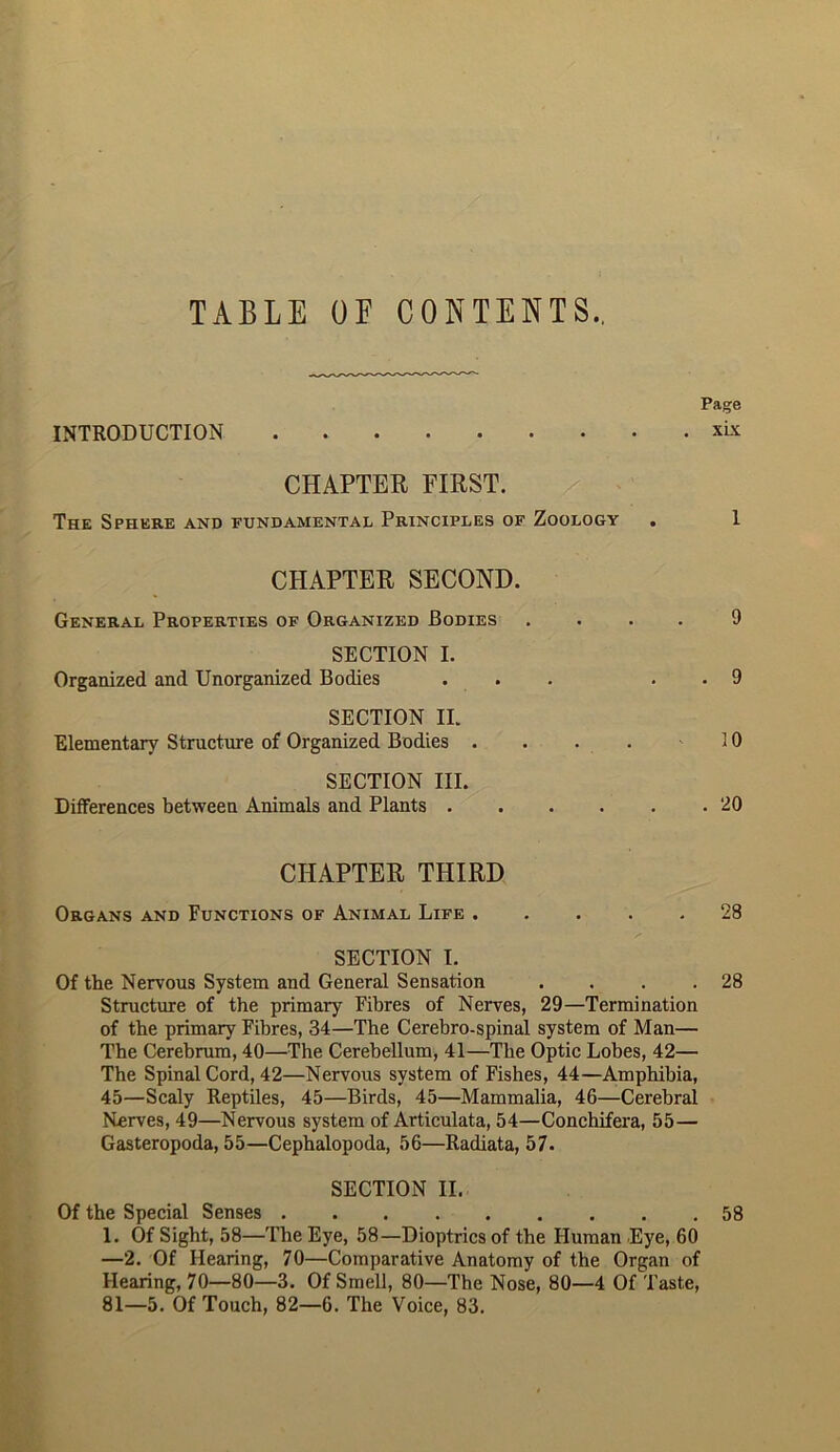 TABLE OF CONTENTS.. INTRODUCTION Page xix CHAPTER FIRST. The Sphere and fundamental Principles of Zoology . 1 CHAPTER SECOND. General Properties of Organized Bodies .... 9 SECTION I. Organized and Unorganized Bodies ... . . 9 SECTION II. Elementary Structure of Organized Bodies . . . . 10 SECTION III. Differences between Animals and Plants 20 CHAPTER THIRD Organs and Functions of Animal Life 28 SECTION I. Of the Nervous System and General Sensation . . . .28 Structure of the primary Fibres of Nerves, 29—Termination of the primary Fibres, 34—The Cerebro-spinal system of Man— The Cerebrum, 40—The Cerebellum, 41—The Optic Lobes, 42— The Spinal Cord, 42—Nervous system of Fishes, 44—Amphibia, 45—Scaly Reptiles, 45—Birds, 45—Mammalia, 46—Cerebral Nerves, 49—Nervous system of Articulata, 54—Conchifera, 55— Gasteropoda, 55—Cephalopoda, 56—Radiata, 57. SECTION II. Of the Special Senses 58 1. Of Sight, 58—The Eye, 58—Dioptrics of the Human Eye, 60 —2. Of Hearing, 70—Comparative Anatomy of the Organ of Hearing, 70—80—3. Of Smell, 80—The Nose, 80—4 Of Taste, 81—5. Of Touch, 82—6. The Voice, 83.