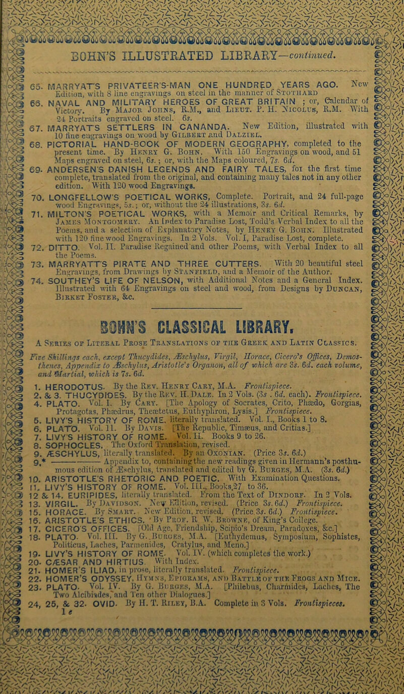 BOHN’S ILLUSTRATED LIBRARY —continued. 67 | ro i! 70. 71 73 MARRYAT'S PRIVATEER'S-MAN ONE HUNDRED YEARS AGO. New Edition, with S line engravings on steel in the manner of Stotiiard NAVAL AND MILITARY HEROES OF GREAT BRITAIN ; or. Calendar of Victory. By Major Johns, R.M., and Lieut. P. H. Nicolus, E.M. With 2-1 Portraits engraved on steel. 6.s. MARRYAT'S SETTLERS IN CANANDA. New Edition, illustrated with 10 fine engravings on wood by Gilbert .and Dai.ziel. PICTORIAL HAND-BOOK OF MODERN GEOGRAPHY, completed to the present time. By Henry G. Bohn. With 150 Engravings on wood, and 51 Maps engraved on steel, 6i.; or, with the Maps coloured, 7s. Gd. ANDERSEN'S DANISH LEGENDS AND FAIRY TALES, foi the first time complete, translated from the original, and containing many tales not in any other edition. With 120 wood Engravings. . LONGFELLOW'S POETICAL WORKS, Complete. Portrait, and 24 full-page wood Engravings, os.; or, without the 24 illustrations, 3*. 6d. MILTON'S POETICAL YJORKS, with a Memoir and Critical Remarks, by James Montgomery. An Index to Paradise Lost, Todd’s Verbal Index to all the Poems, and a selection of Explanatory Notes, by Henry G. Bohn. Illustrated with 120 fine wood Engravings. In 2 Vols. Vol. I, Paradise Lost, complete. DITTO. Vol. II. Paradise Regained and other Poems, with Verbal Index to all the Poems. MARRYATT'S PIRATE AND THREE CUTTERS. With 20 beautiful steel Engravings, from .Drawings by Stanfield, and a Memoir of the Author. SOUTHEY’S LIFE OF NELSON, with Additional Notes and a General Index. Illustrated with 64 Engravings on steel and wood, from Designs by Duncan, Birket Foster, &c. ’§ CLASSICAL LIBRARY. £■0 \ Sf.ries of Literal Prose Translations of the Greek and Latin Classics. Five Shillings each, except Thucydides, JEschylus, Virgil, Horace, Cicero’s Offices, Demos- thenes, Appendix to JEschylus, Aristotle’s Organon, all of which are 'is. 6d. each volume, and Martial, which is 7s. Gd. 1. HERODOTUS- By the Rev. Henry Cary, M.A. Frontispiece. 2. & 3. THUCYDIDES. By the Rev. H. Dale. In 2 Vols. (3s . Gd. each). Frontispiece. 4. PLATO. Vol. I. By Cary. [The Apology of Socrates, Crito, Phaado, Gorgias, Protagotas, Phmdrus, Tliecetetus, Euthypliron, Lysis.] Frontispiece. 6. LIVY'S HISTORY OF ROME, literally translated. Vol. I., Books I to 8. 6. PLATO. Vol. 11. By Davis. [The Republic, Timaius, and Critias.] 7. LIVY'S HISTORY OF ROME. Vol.'ll. Books 9 to 26. 8. SOPHOCLES. The Oxford Translation, revised. 9. /ESCHYLUS, literally translated. By an Oxonian. (Price 3s. Gd.) 9,* Appendix to, contlnningtlle new readings given in Hermann’s posthu- mous edition of rEschylus, translated and edited by G. Burges, M.A. (3s. Gd.) ID. ARISTOTLE’S RHETORIC AND POETIC. With Examination Questions. II. LIVY’S HISTORY OF ROME. Vol. ILL, Books.27 to 36. 12 & 14. EURIPIDES, literally translated. From the Text of Dindorf. In 2 Vols. 13. VIRGIL. By Davidson. New Edition, revised. (Price 3.v. 61/.) Frontispiece. 15. HORACE. By Smart. . New Edition, revised. (Price.3$. 64.) Frontispiece. 16. ARISTOTLE'S ETHICS. ' By Prof. It W. Browne, of King’s College. 17. CICERO'S OFFICES. [Old Age, Friendship, Scipio's Dream, Paradoxes, fee.] 18- PLATO- Vol. III. By G..Burges, M.A. [Eutliydemus, Symposium, Sophistes, Politicus, Laches, Parmenides, Cratylus, and Meno.] 19. LIVY’S HISTORY OF ROME- Vol. IV. (which completes the work.) 20- C/ESAR AND HIRTIUS. With Index. 21. HOMER’S ILIAD, in prose, literally translated. Frontispiece. 22. HOMER’S ODYSSEY, Hymns, Epigrams, and Battle of the Frogs and Mice. 23. PLATO. Vol. IV. By G. Burges, M.A. [Pliilebus, Charniidcs, Laches, The Two Alcibhdes.'and Ten other Dialogues.] 24. 25, & 32. OVID. By H. T. Riley, B.A. Complete hi 3 Vols. Frontispieces. 1 e
