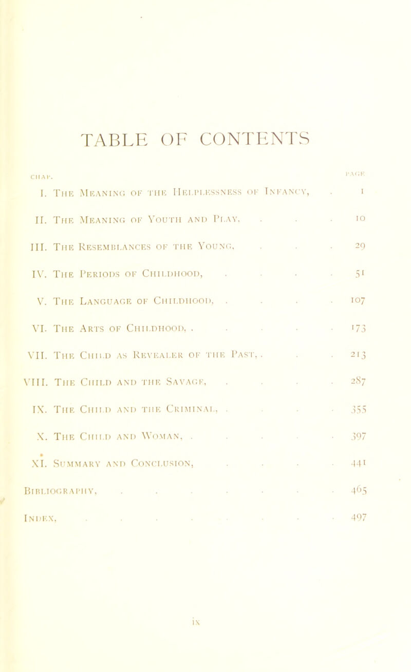 TABLE OF CONTENTS CHAP. I. The Meaning of the Helplessness of Infancy, II. The Meaning of Youth and Pi.ay. III. The Resemblances of the Young, IV. The Periods of Childhood, V. The Language of Childhood, . VI. The Arts of Childhood, . VII. The Child as Reveai.er of the Past,. VIII. The Child and the Savage, IX. The Child and the Criminal, . X. The Child and Woman, . XI. Summary and Conclusion, Bibliography, ... Index, .... t’Af’iF. I 10 29 5* 107 ■73 213 2S7 355 397 44i 465 497