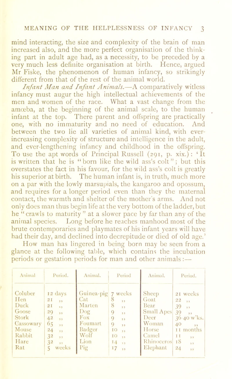 0 mind interacting, the size and complexity of the brain of man increased also, and the more perfect organisation of the think- ing part in adult age had, as a necessity, to be preceded by a very much less definite organisation at birth. Hence, argued Mr Fiske, the phenomenon of human infancy, so strikingly different from that of the rest of the animal world. Infant Man and Infant Animals.—A comparatively witless infancy must augur the high intellectual achievements of the men and women of the race. What a vast change from the amceba, at the beginning of the animal scale, to the human infant at the top. There parent and offspring are practically one, with no immaturity and no need of education. And between the two lie all varieties of animal kind, with ever- increasing complexity of structure and intelligence in the adult, and ever-lengthening infancy and childhood in the offspring. To use the apt words of Principal Russell (291, p. xix.): ‘It is written that he is “born like the wild ass’s colt”; but this overstates the fact in his favour, for the wild ass’s colt is greatly his superior at birth. The human infant is, in truth, much more on a par with the lowly marsupials, the kangaroo and opossum, and requires for a longer period even than they the maternal contact, the warmth and shelter of the mother's arms. And not only does man thus begin life at the very bottom of the ladder, but he “ crawls to maturity ” at a slower pace by far than any of the animal species. Long before he reaches manhood most of the brute contemporaries and playmates of his infant years will have had their day, and declined into decrepitude or died of old age.’ How man has lingered in being born may be seen from a glance at the following table, which contains the incubation periods or gestation periods for man and other animals :—- Animal Period. Animal. Period Animal. Period. Coluber 12 days Guinea-pig 7 weeks Sheep 21 weeks Hen 21 ,, Cat 8 „ Goat 22 Duck 21 ., Marten 8 „ Bear 39 ,, Goose 29 ,, Dog 9 >, Small Apes 39 „ Stork 42 ,, Fox 9 M Deer 36 40 w’ks. Cassowary 65 „ Foumart 9 ,, Woman 40 Mouse 24 ,, Badger 10 ,, Horse 11 months Rabbit 32 ,, Wolf 10 ,, Camel 1 i Hare 32 ,, Lion 14 .. Rhinoceros 18 ,, Rat 5 weeks Big 17 Elephant 24 >.