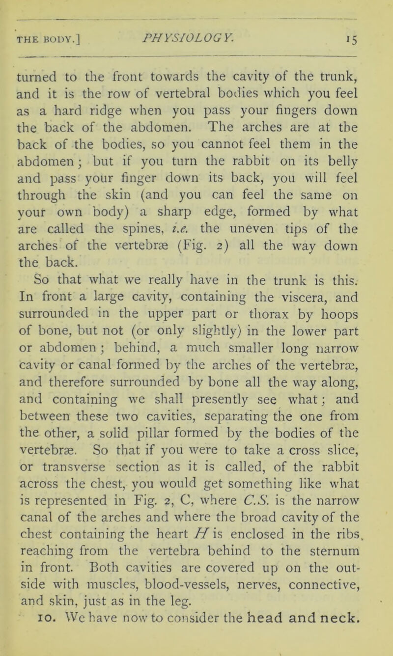 turned to the front towards the cavity of the trunk, and it is the row of vertebral bodies which you feel as a hard ridge when you pass your fingers down the back of the abdomen. The arches are at the back of the bodies, so you cannot feel them in the abdomen; but if you turn the rabbit on its belly and pass your finger down its back, you will feel through the skin (and you can feel the same on your own body) a sharp edge, formed by what are called the spines, i.e. the uneven tips of the arches of the vertebrae (Fig. 2) all the way down the back. So that what we really have in the trunk is this. In front a large cavity, containing the viscera, and surrounded in the upper part or thorax by hoops of bone, but not (or only slightly) in the lower part or abdomen ; behind, a much smaller long narrow cavity or canal formed by the arches of the vertebrae, and therefore surrounded by bone all the way along, and containing we shall presently see what; and between these two cavities, separating the one from the other, a solid pillar formed by the bodies of the vertebrae. So that if you were to take a cross slice, or transverse section as it is called, of the rabbit across the chest, you would get something like what is represented in Fig. 2, C, where C.S. is the narrow canal of the arches and where the broad cavity of the chest containing the heart i/is enclosed in the ribs, reaching from the vertebra behind to the sternum in front. Both cavities are covered up on the out- side with muscles, blood-vessels, nerves, connective, and skin, just as in the leg. 10. We have now to consider the head and neck.