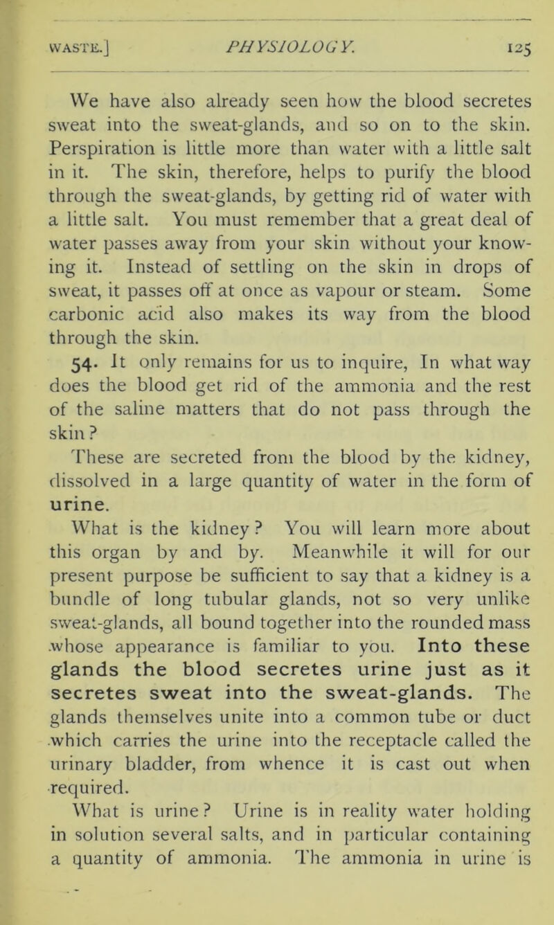 We have also already seen how the blood secretes sweat into the sweat-glands, and so on to the skin. Perspiration is little more than water with a little salt in it. The skin, therefore, helps to purify the blood through the sweat-glands, by getting rid of water with a little salt. You must remember that a great deal of water passes away from your skin without your know- ing it. Instead of settling on the skin in drops of sweat, it passes off at once as vapour or steam. Some carbonic acid also makes its way from the blood through the skin. 54- ^ only remains for us to inquire, In what way does the blood get rid of the ammonia and the rest of the saline matters that do not pass through the skin ? These are secreted from the blood by the kidney, dissolved in a large quantity of water in the form of urine. What is the kidney? You will learn more about this organ by and by. Meanwhile it will for our present purpose be sufficient to say that a kidney is a bundle of long tubular glands, not so very unlike sweat-glands, all bound together into the rounded mass .whose appearance is familiar to you. Into these glands the blood secretes urine just as it secretes sweat into the sweat-glands. The glands themselves unite into a common tube or duct which carries the urine into the receptacle called the urinary bladder, from whence it is cast out when required. What is urine? Urine is in reality water holding in solution several salts, and in particular containing a quantity of ammonia. The ammonia in urine is