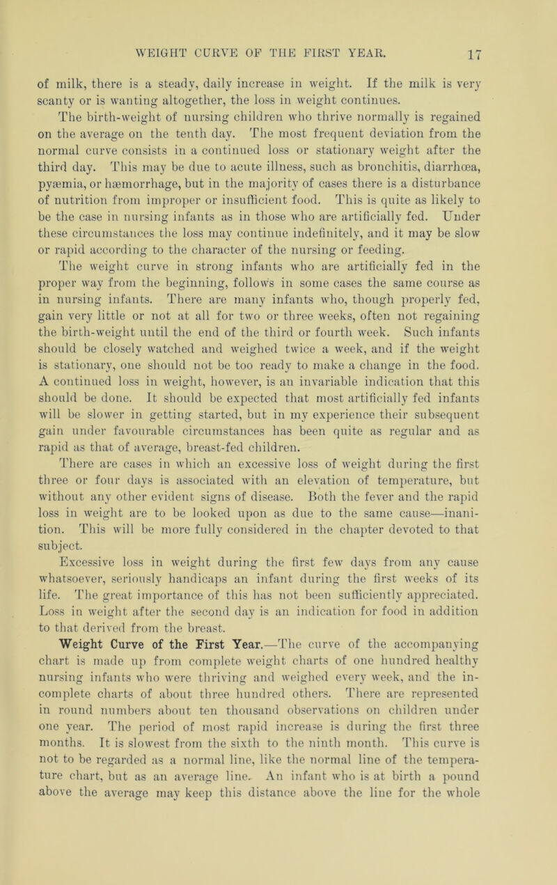 of milk, there is a steady, daily increase in weight. If the milk is very scanty or is wanting altogether, the loss in weight continues. The birth-weight of nursing children Avho thrive normally is regained on the average on the tenth day. The most frequent deviation from the normal curve consists in a continued loss or stationary weight after the third day. This may be due to acute illness, such as bronchitis, diarrhoea, pyaemia, or htemorrhage, but in the majority of cases there is a disturbance of nutrition from improper or insufficient food. This is quite as likely to be the case in nursing infants as in those who are artificially fed. Under these circumstances the loss may continue indefinitely, and it may be slow or rapid according to the character of the nursing or feeding. Tlie weight curve in strong infants who are artificially fed in the proper way from the beginning, follows in some cases the same course as in nursing infants. There are many infants who, though properly fed, gain very little or not at all for two or three weeks, often not regaining the birth-weight until the end of the third or fourth week. Such infants should be closely watched and weighed twice a week, and if the weight is stationary, one should not be too ready to make a change in the food. A continued loss in weight, however, is an invariable indication that this should be done. It should be expected that most artificially fed infants will be slower in getting started, but in my experience their subsequent gain under favourable circumstances has been quite as regular and as rapid as that of average, breast-fed children. There are cases in which an excessive loss of weight during the first three or four days is associated with an elevation of temperature, but without any other evident signs of disease. Both the fever and the rapid loss in weight are to be looked upon as due to the same cause—inani- tion. This will be more fully considered in the chapter devoted to that subject. Excessive loss in weight during the first few days from any cause whatsoever, seriously handicaps an infant during the first weeks of its life. Tlie great importance of this has not been sufficiently appreciated. Loss in weight after the second day is an indication for food in addition to that derived from the breast. Weight Curve of the First Year.—The curve of the accompanying chart is made up from complete weight charts of one hundred healthy nursing infants who were tliriving and weighed every week, and the in- complete charts of about three hundred others. There are represented in round numbers about ten thousand observations on children under one year. The period of most rapid increase is during the first three months. It is slowest from the sixth to the ninth month. Tliis curve is not to be regarded as a normal line, like the normal line of the tempera- ture chart, but as an average line. An infant who is at birth a pound above the average may keep this distance above the line for the whole