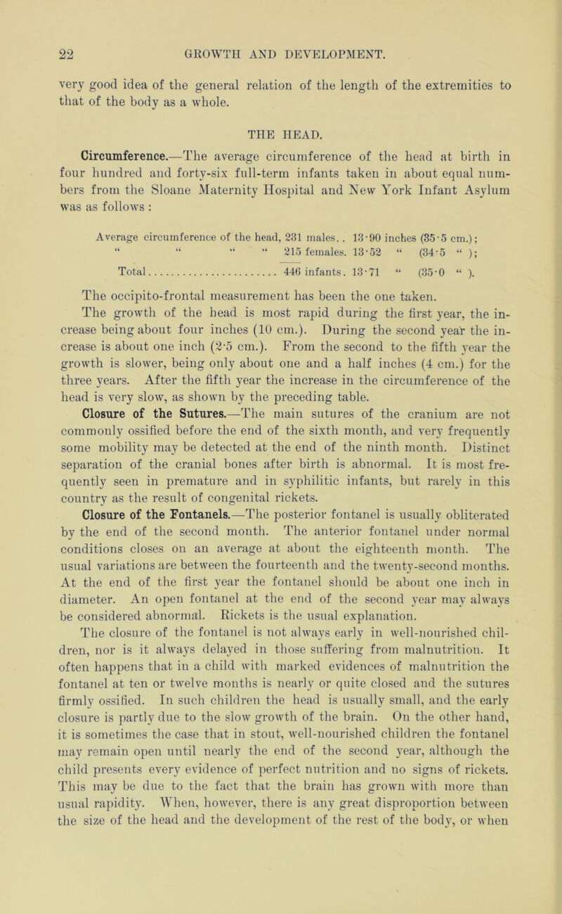 very good idea of the general relation of the length of the extremities to that of the body as a whole. THE HEAD. Circumference.—The average circumference of the head at birth in four hundred and forty-six full-term infants taken in about equal num- bers from the Sloane Maternity Hospital and New York Infant Asylum was as follows : Average circumference of the head, 231 males.. 13-90 inches (35-5 cm.); “ “ “ “ 215 females. 13-52 “ (34-5 “ ); Total 446 infants. 13-71 “ (35-0 “ ). The occipito-frental measurement has been the one taken. The growth of the head is most rapid during the first year, the in- crease being about four inches (10 cm.). During the second year the in- crease is about one inch (2-5 cm.). From the second to the fifth year the growth is slower, being only about one and a half inches (4 cm.) for the three years. After the fifth year the increase in the circumference of the head is very slow, as shown by the preceding table. Closure of the Sutures.—The main sutures of the cranium are not commonly ossified before the end of the sixth month, and very frequently some mobility may be detected at the end of the ninth month. Distinct separation of the cranial bones after birth is abnormal. It is most fre- quently seen in premature and in syphilitic infants, but rarely in this country as the result of congenital rickets. Closure of the Fontanels.—The posterior fontanel is usually obliterated by the end of the second month. The anterior fontanel under normal conditions closes on an average at about the eighteenth month. The usual variations are between the fourteenth and the twent}^-second months. At the end of the first year the fontanel should be about one inch in diameter. An open fontanel at the end of the second year may always be considered abnormal. Rickets is the usual explanation. The closure of the fontanel is not always early in well-nourished chil- dren, nor is it always delayed in those suffering from malnutrition. It often happens that in a child with marked evidences of malnutrition the fontanel at ten or twelve montlis is nearly or quite closed and the sutures firmly ossified. In such children the head is usually small, and the early closure is partly due to the slow growth of the brain. On the other hand, it is sometimes the case that in stout, well-nourished children the fontanel may remain open until nearly the end of the second year, although the child presents every evidence of perfect nutrition and no signs of rickets. This may be due to the fact that the brain has grown with more than usual rapidity. When, however, there is any great disproportion between the size of the head and the development of the rest of the body, or when