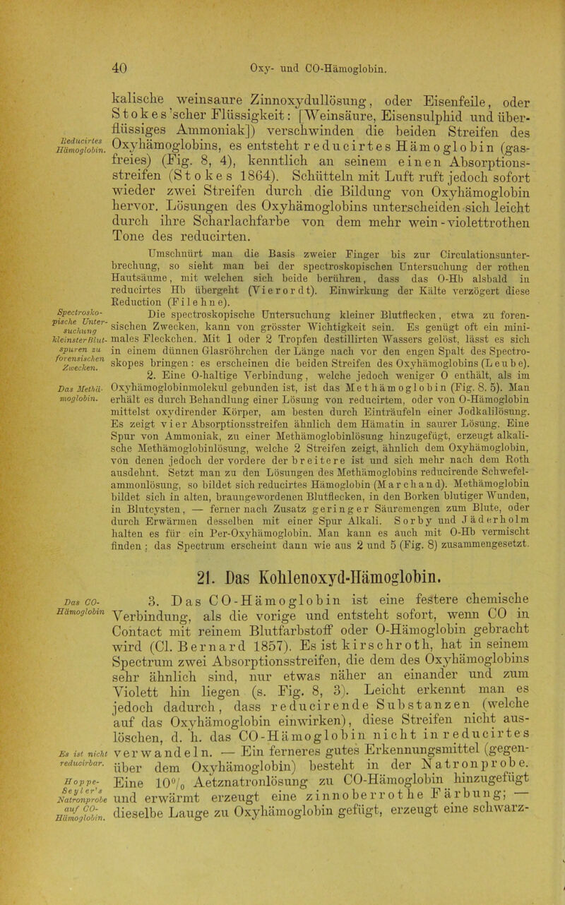 Reducirtes Hämoglobin. Spectrosko- pische Unter- suchung kleinster Rlut- spuren zu forensischen Zwecken. Das Meth'ä■ moglobin. Das CO- Hämoglobin Hs ist nicht reducirbar. Hoppe- Seyl er’s Natronprobe auf CO- Hämoglobin. kalische weinsaure Zinnoxydullösung, oder Eisenfeile, oder Stokes ’sclier Flüssigkeit: [Weinsäure, Eisensulphid und über- flüssiges Ammoniak]) verschwinden die beiden Streifen des Oxyhämoglobins, es entsteht reducirtesHämoglobin (gas- freies) (Eig. 8, 4), kenntlich an seinem einen Absorptions- streifen (Stokes 1864). Schütteln mit Luft ruft jedoch sofort wieder zwei Streifen durch die Bildung von Oxyhämoglobin hervor. Lösungen des Oxyhämoglobins unterscheiden sich leicht durch ihre Scharlachfarbe von dem mehr wein - violettrothen Tone des reducirten. Umsclmürt mau die Basis zweier Finger bis zur Circulationsunter- brecliung, so sieht man bei der spectroskopischen Untersuchung der rotheu Hautsäume, mit welchen sich beide berühren, dass das O-Hb alsbald in reducirtes Hb übergeht (Vi e r o r d t). Einwirkung der Kälte verzögert diese Eeduction (Filehne). Die spectroskopische Untersuchung kleiner Blutflecken, etwa zu foren- sischen Zwecken, kann von grösster Wichtigkeit sein. Es genügt oft ein mini- males Fleckchen. Mit 1 oder 2 Tropfen destillirten Wassers gelöst, lässt es sich in einem dünnen Glasröhrchen der LäDge nach vor den engen Spalt des Spectro- skopes bringen: es erscheinen die beiden Streifen des Oxyhämoglobins (Leu be). 2. Eine O-haltige Verbindung, welche jedoch weniger 0 enthält, als im Oxyhämoglobinmolekul gebunden ist, ist das Methäm oglobin (Fig. 8. 5). Man erhält es durch Behandlung einer Lösung von reducirtem, oder von O-Hämoglobin mittelst oxydirender Körper, am besten durch Einträufeln einer Jodkalilösung. Es zeigt vier Absorptionsstreifen ähnlich dem Hämatin in saurer Lösung. Eine Spur von Ammoniak, zu einer Metkämoglobinlösung hinzugefügt, erzeugt alkali- sche Methämoglobinlösung, welche 2 Streifen zeigt, ähnlich dem Oxyhämoglobin, von denen jedoch der vordere der breitere ist und sich mehr nach dem Roth ausdehnt. Setzt man zu den Lösungen des Methämoglobins reducirende Schwefel- ammonlösung, so bildet sich reducirtes Hämoglobin (Mar cliand). Methämoglobin bildet sich in alten, brauugewordenen Blutflecken, in den Borken blutiger Wunden, in Blutcysten, — ferner nach Zusatz geringer Säuremengen zum Blute, oder durch Erwärmen desselben mit einer Spur Alkali. Sorby und Jäderholm halten es für ein Per-Oxyhämoglobin. Man kann es auch mit O-Hb vermischt finden ; das Spectrum erscheint dann wie aus 2 und 5 (Fig. 8) zusammengesetzt. 21. Das Kohlenoxyd-Hämoglobin. 3. Das CO-Hämoglobin ist eine festere chemische Verbindung, als die vorige und entsteht sofort, wenn CO in Contact mit reinem Blutfarbstoff oder O-Hämoglobin gebracht wird (CI. Bernard 1857). Es ist kirschr oth, hat in seinem Spectrum zwei Absorptionsstreifen, die dem des Oxyhämoglobins sehr ähnlich sind, nur etwas näher an einander und zum Violett hin liegen (s. Fig. 8, 3). Leicht erkennt man es jedoch dadurch, dass reducirende Substanzen, (welche auf das Oxyhämoglobin einwirken), diese Streifen nicht aus- löschen, d. h. das CO-Hämoglobin nicht in reducirtes verwandeln. — Ein ferneres gutes Erkennungsmittel (gßö*-11' über dem Oxyhämoglobin) besteht in der Natron probe. Eine 10°/0 Aetznatronlösung zu CO-Hämoglobin hinzugefügt und erwärmt erzeugt eine zinnoberrot he h ärbung; dieselbe Lauge zu Oxyhämoglobin gefügt, erzeugt eine schwarz-