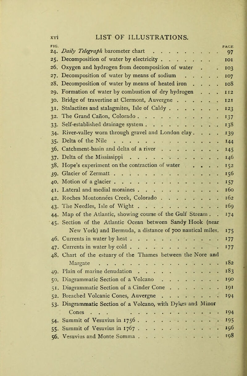 FIG. PAGE 24. Daily Telegraph barometer chart 97 25. Decomposition of water by electricity 101 26. Oxygen and hydrogen from decomposition of water . . 103 27. Decomposition of water by means of sodium 107 28. Decomposition of water by means of heated iron .... 108 29. Formation of water by combustion of dry hydrogen . . . 112 30. Bridge of travertine at Clermont, Auvergne 12.1 31. Stalactites and stalagmites, Isle of Caldy 123 32. The Grand Canon, Colorado 137 33. Self-established drainage system 138 34. River-valley worn through gravel and London clay . ... 139 35. Delta of the Nile 144 36. Catchment-basin and delta of a river 145 37. Delta of the Mississippi 146 38. Hope’s experiment on the contraction of water .... 152 39. Glacier of Zermatt 156 40. Motion of a glacier 157 41. Lateral and medial moraines 160 42. Roches Moutonnees Creek, Colorado 162 43. The Needles, Isle of Wight 169 44. Map of the Atlantic, showing course of the Gulf Stream . . 174 45. Section of the Atlantic Ocean between Sandy Hook (near New York) and Bermuda, a distance of 700 nautical miles. 175 46. Currents in water by heat 177 47. Currents in water by cold .177 48. Chart of the estuary of the Thames between the Nore and Margate 182 49. Plain of marine denudation 183 50. Diagrammatic Section of a Volcano 190 51. Diagrammatic Section of a Cinder Cone 191 52. Breached Volcanic Cones, Auvergne ........ 194 53. Diagrammatic Section of a Volcano, with Dykes and Minor Cones ... 194 54. Summit of Vesuvius in 1756 195 55. Summit of Vesuvius in 1767 196 56. Vesuvius and Monte Somma >98