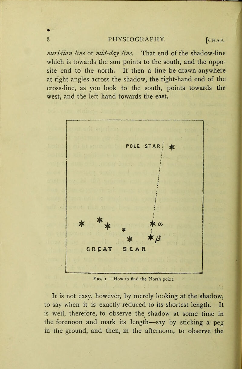 meridian Ime or 7nid-day line. That end of the shadow-line which is towards the sun points to the south, and the oppo- site end to the north. If then a line be drawn anywhere at right angles across the shadow, the right-hand end of the cross-line, as you look to the south, points towards the west, and the left hand towards the east. It is not easy, however, by merely looking at the shadow, to say when it is exactly reduced to its shortest length. It is well, therefore, to observe the. shadow at some time in the forenoon and mark its length—say by sticking a peg in the ground, and then, in the afternoon, to observe the POLE STAR; 3^ if. ifo. GREAT SEAR L - Fig. i —How to find the North point.