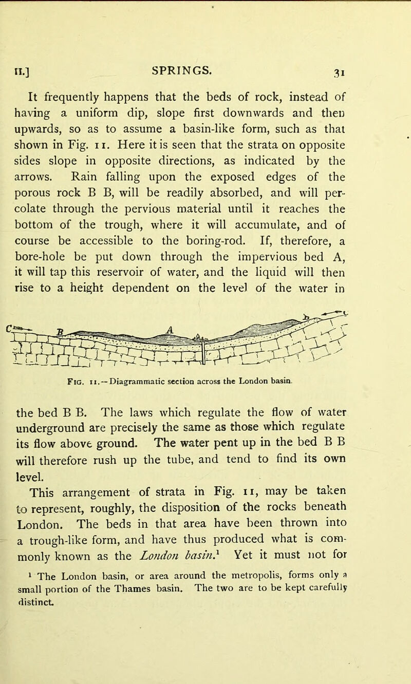 It frequently happens that the beds of rock, instead of having a uniform dip, slope first downwards and then upwards, so as to assume a basin-like form, such as that shown in Fig. n. Here it is seen that the strata on opposite sides slope in opposite directions, as indicated by the arrows. Rain falling upon the exposed edges of the porous rock B B, will be readily absorbed, and will per- colate through the pervious material until it reaches the bottom of the trough, where it will accumulate, and of course be accessible to the boring-rod. If, therefore, a bore-hole be put down through the impervious bed A, it will tap this reservoir of water, and the liquid will then rise to a height dependent on the level of the water in the bed B B. The laws which regulate the flow of water underground are precisely the same as those which regulate its flow above ground. The water pent up in the bed B B will therefore rush up the tube, and tend to find its own level. This arrangement of strata in Fig. n, may be taken to represent, roughly, the disposition of the rocks beneath London. The beds in that area have been thrown into a trough-like form, and have thus produced what is com- monly known as the London basin} Yet it must not for 1 The London basin, or area around the metropolis, forms only a small portion of the Thames basin. The two are to be kept carefully distinct.