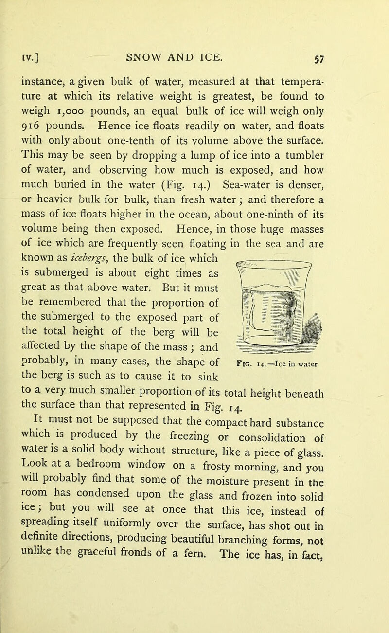 instance, a given bulk of water, measured at that tempera- ture at which its relative weight is greatest, be found to weigh 1,000 pounds, an equal bulk of ice will weigh only 916 pounds. Hence ice floats readily on water, and floats with only about one-tenth of its volume above the surface. This may be seen by dropping a lump of ice into a tumbler of water, and observing how much is exposed, and how much buried in the water (Fig. 14.) Sea-water is denser, or heavier bulk for bulk, than fresh water; and therefore a mass of ice floats higher in the ocean, about one-ninth of its volume being then exposed. Hence, in those huge masses of ice which are frequently seen floating in the sea and are known as icebergs, the bulk of ice which is submerged is about eight times as great as that above water. But it must be remembered that the proportion of the submerged to the exposed part of the total height of the berg will be affected by the shape of the mass ; and probably, in many cases, the shape of the berg is such as to cause it to sink to a very much smaller proportion of its total height beneath the surface than that represented in Fig. 14. It must not be supposed that the compact hard substance which is produced by the freezing or consolidation of water is a solid body without structure, like a piece of glass. Look at a bedroom window on a frosty morning, and you will probably find that some of the moisture present in the room has condensed upon the glass and frozen into solid ice; but you will see at once that this ice, instead of spreading itself uniformly over the surface, has shot out in definite directions, producing beautiful branching forms, not unlike the graceful fronds of a fern. The ice has, in fact,